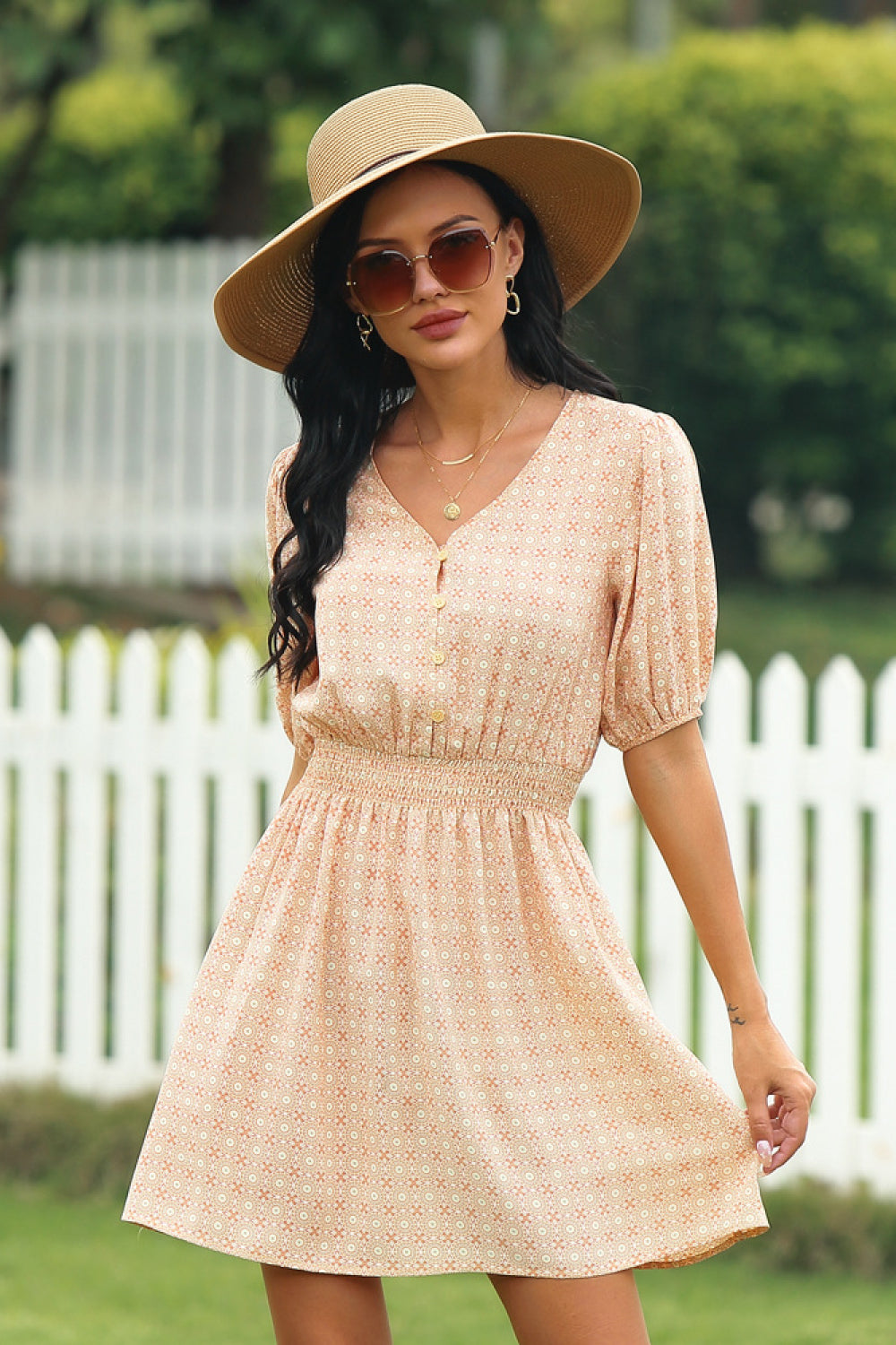 Printed V-neckline Tie Waist Dress