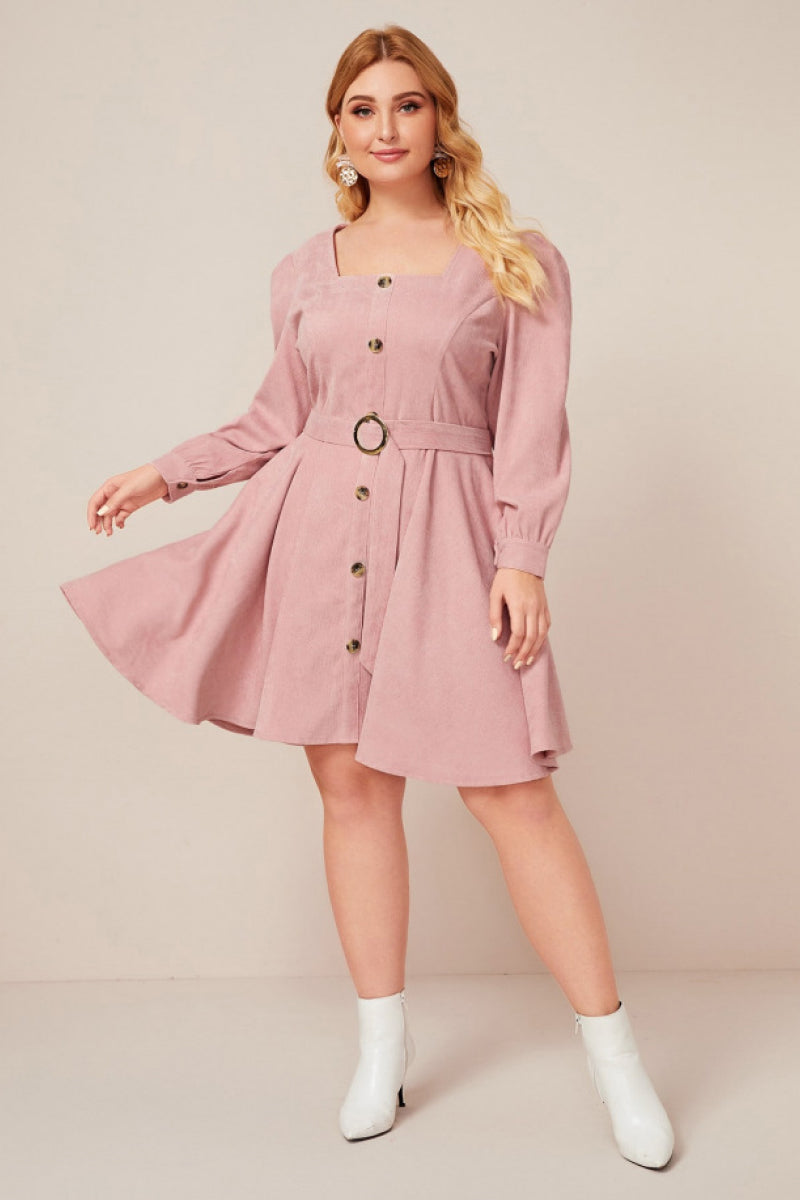 Square Neck Long Sleeve Button up A Line Dress - Absolute Fashion 2020
