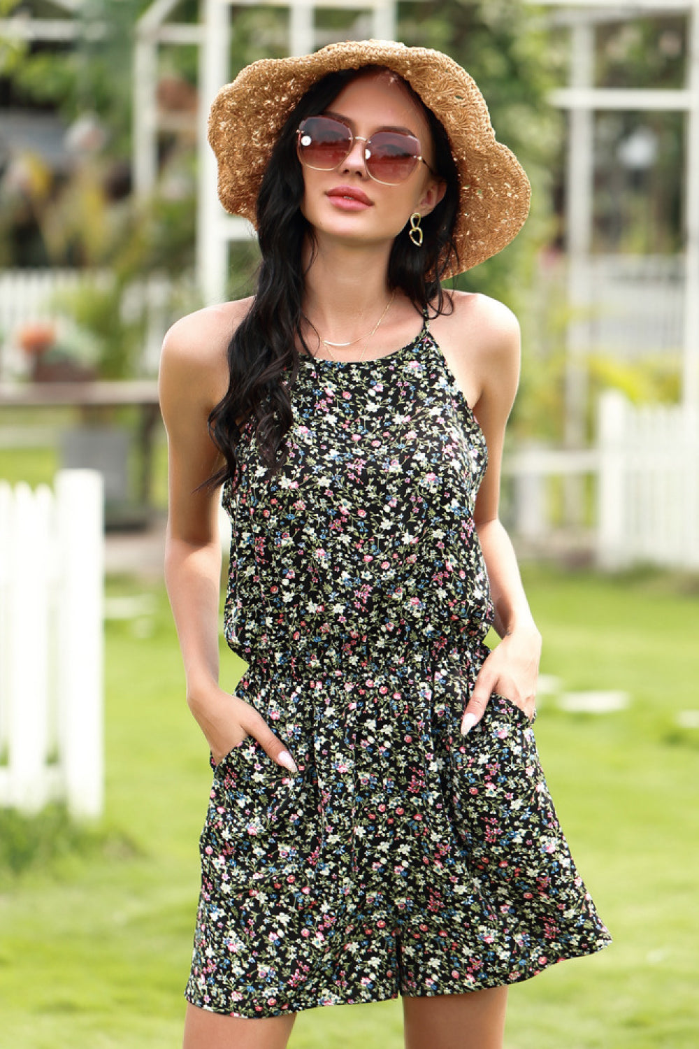 Ditsy Print Halter Jumpsuit