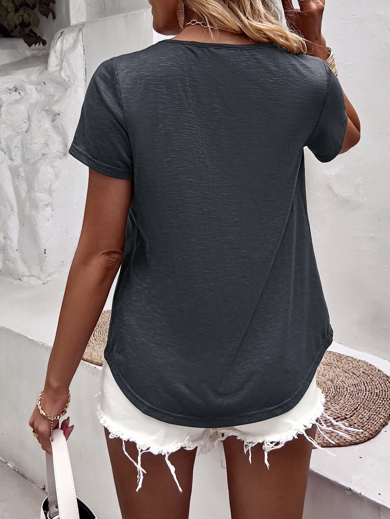 Crochet Short Sleeve Plunge T-Shirt