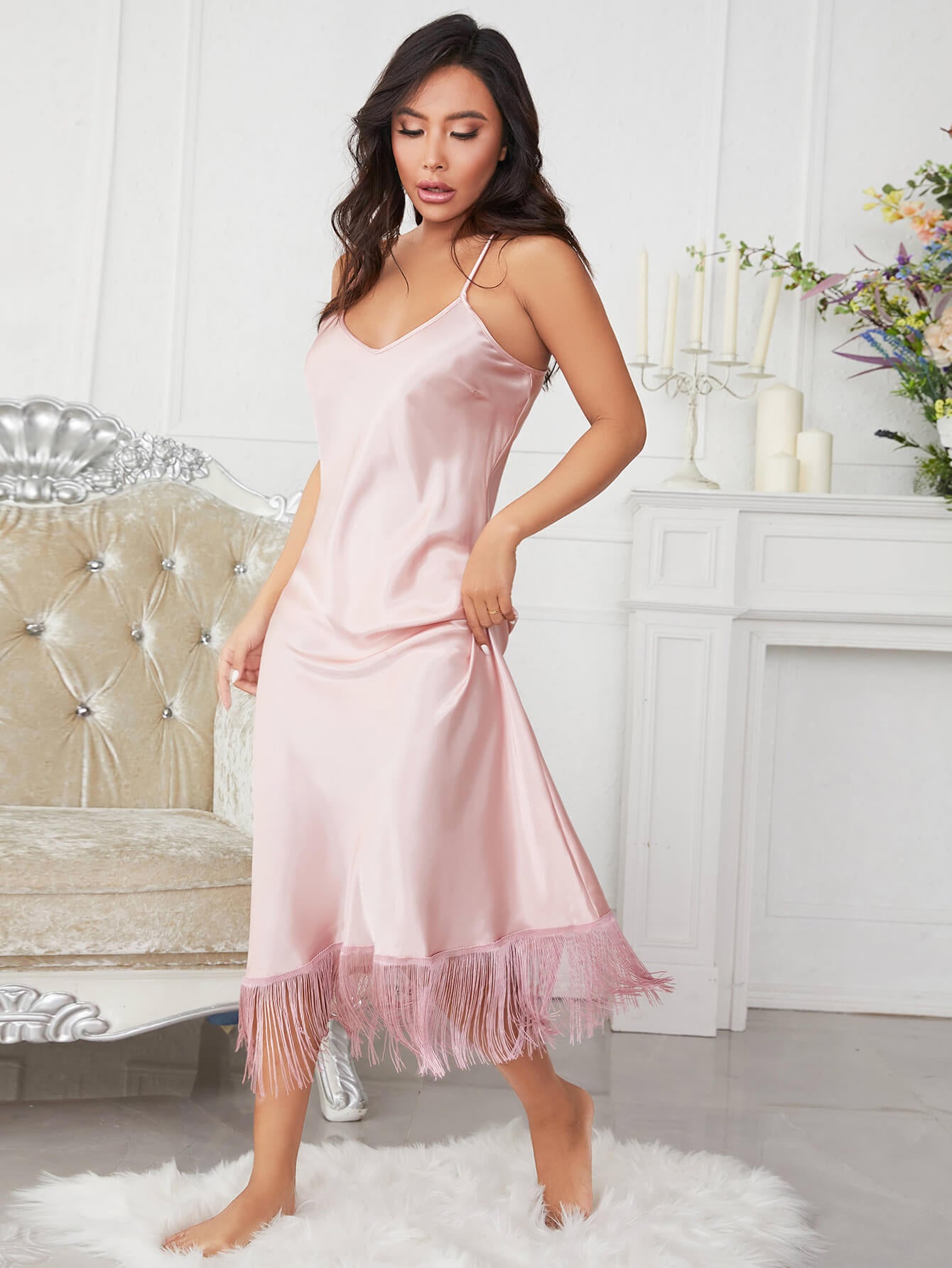 Spaghetti Strap V-Neck Ruffle Hem Satin Night Dress