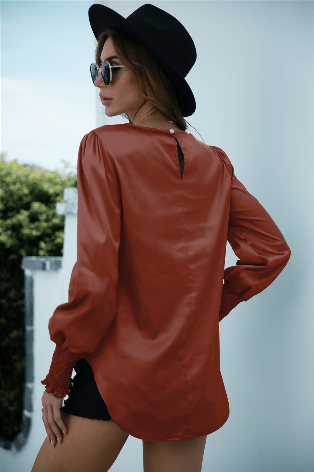 Ruched Round Neck Keyhole Back Blouse - Absolute Fashion 2020