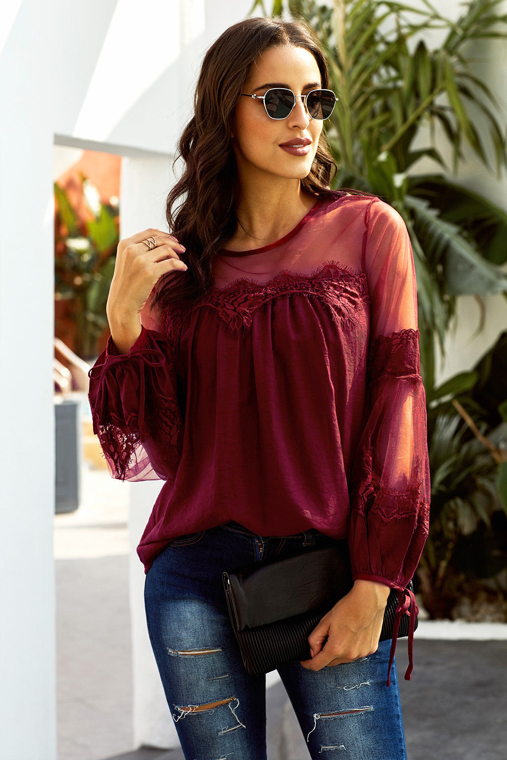 Contrast Sheer Mesh Lace Up Blouse - Absolute Fashion 2020