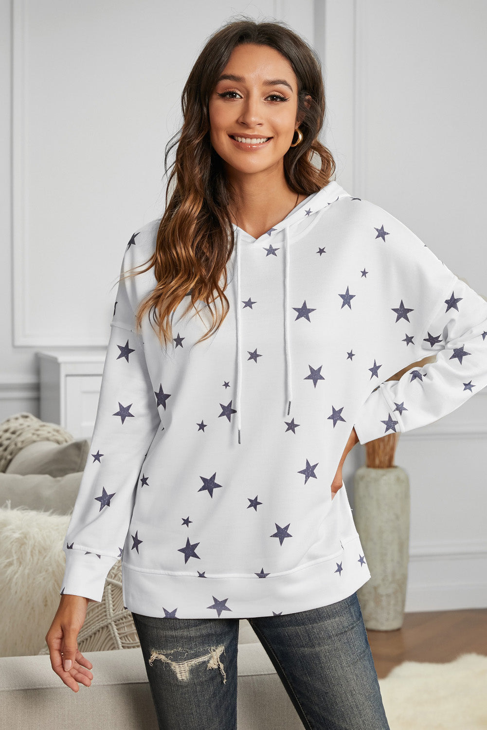 Star Print Long Sleeve Hoodie - Absolute Fashion 2020