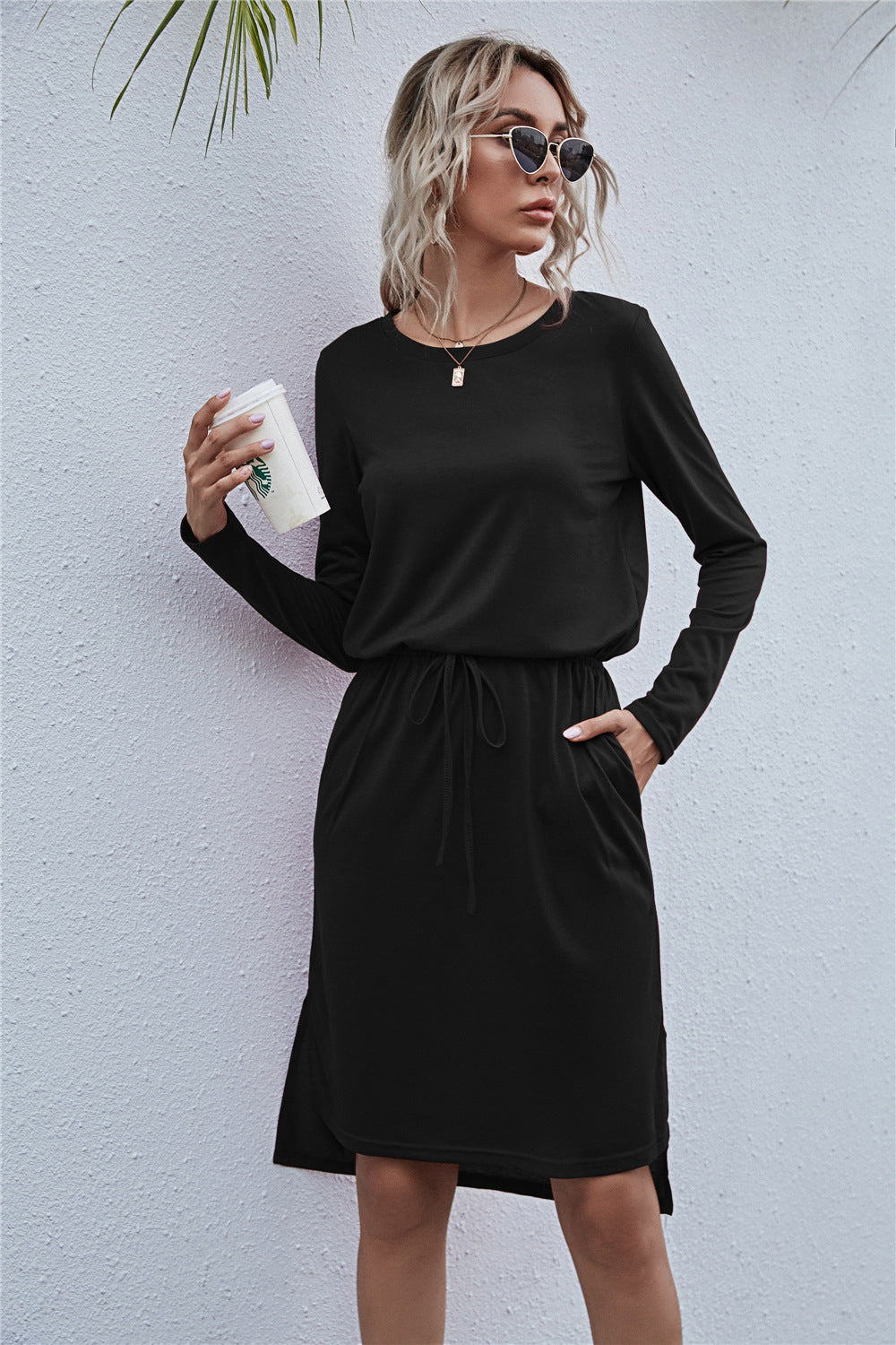Round Neck Side Slit Dress - Absolute Fashion 2020