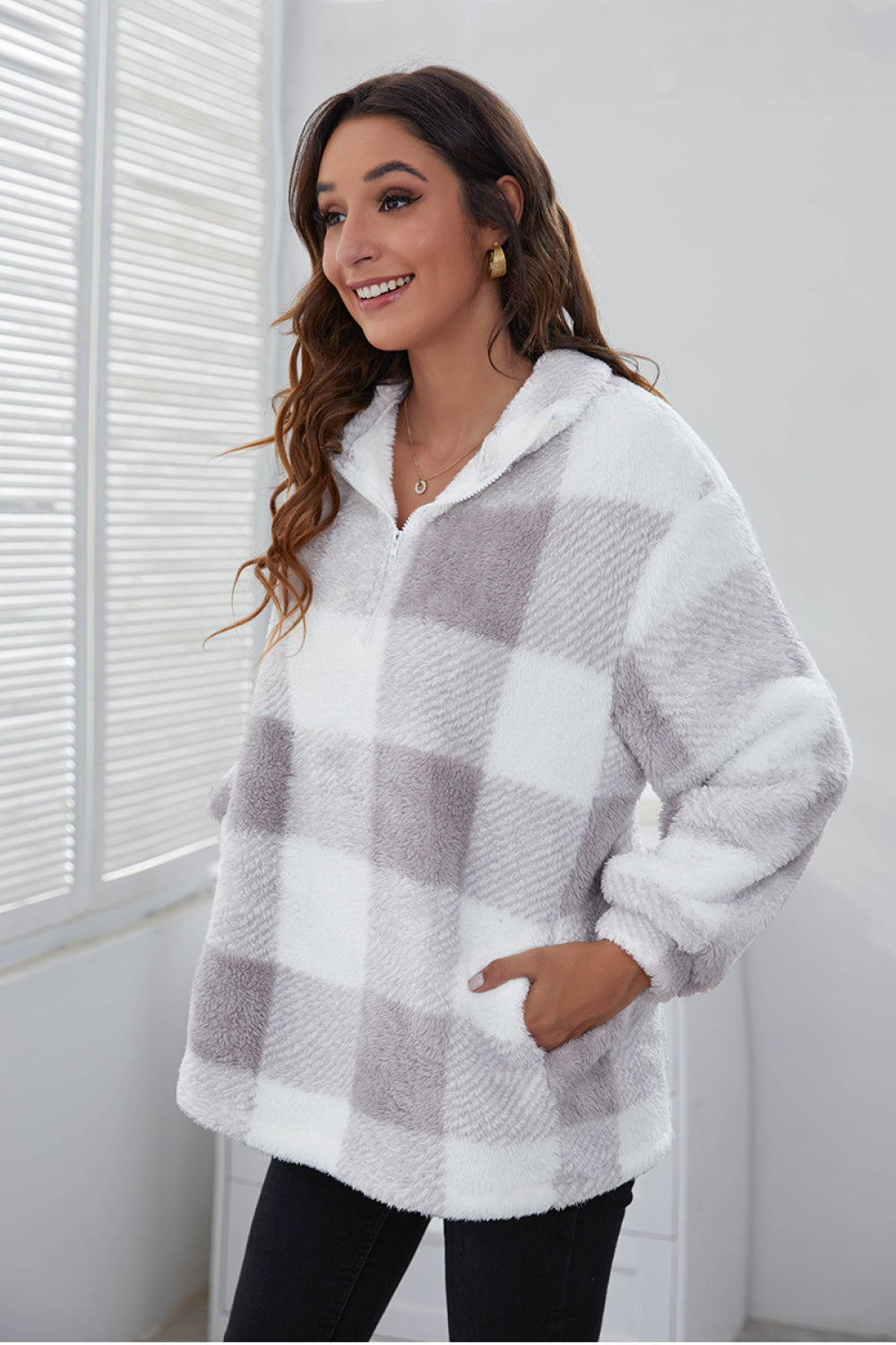 Buffalo Plaid Quarter Zip Teddy Pullover