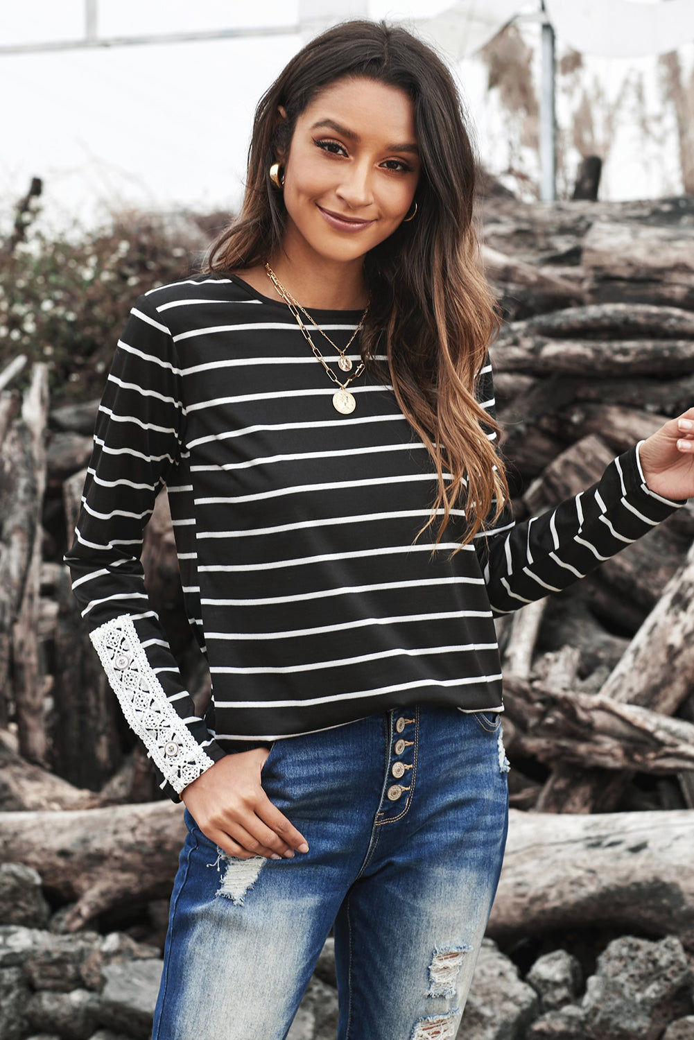 Striped Lace Button Detail Top - Absolute Fashion 2020