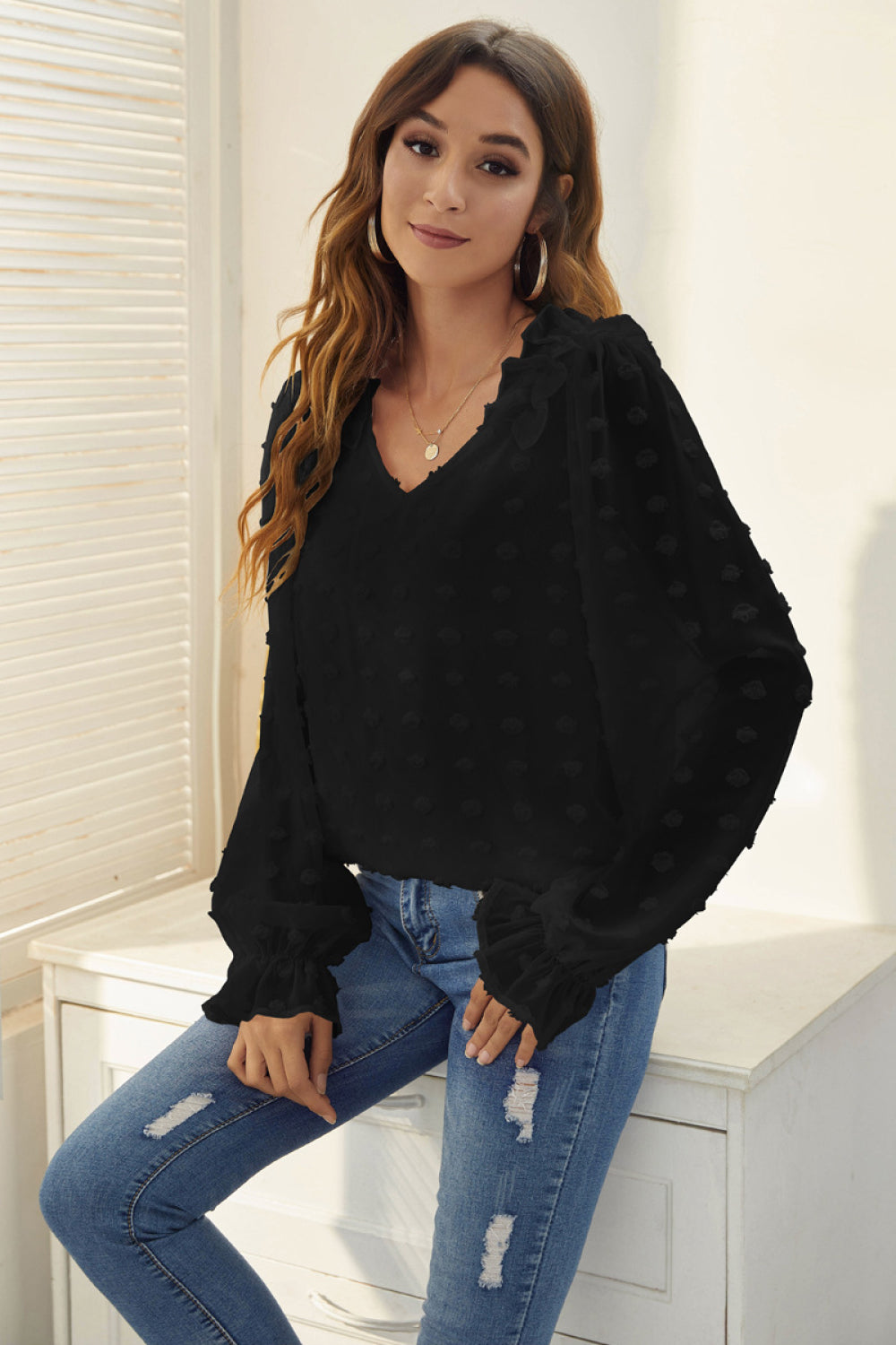Swiss Dot V-Neck Ruffle Trim Blouse