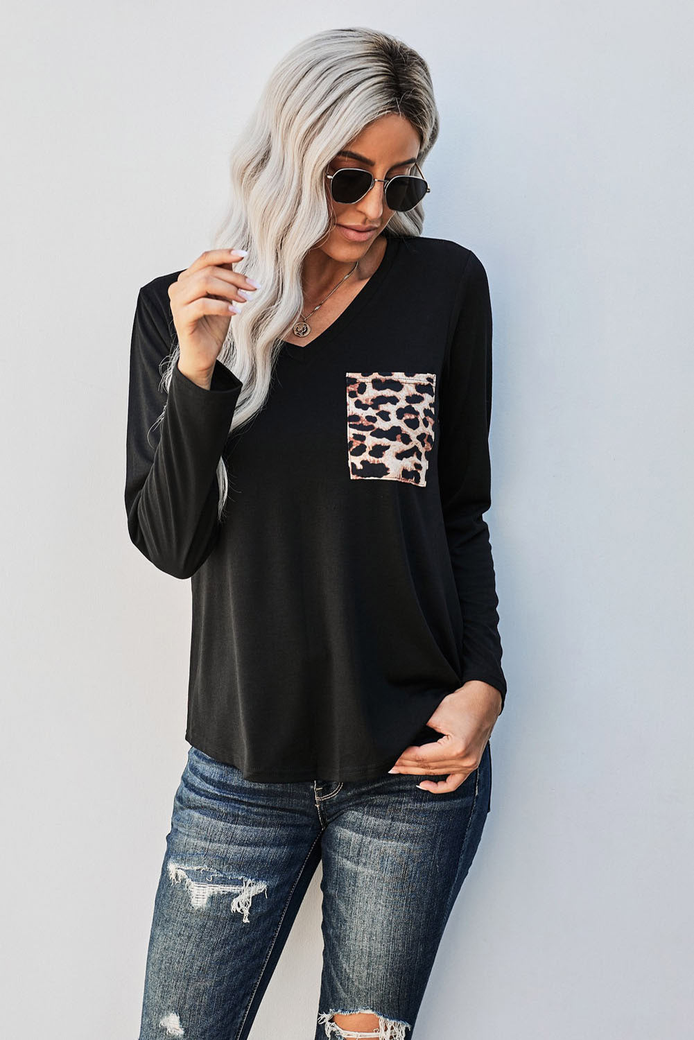 Contrast Leopard V-Neck Pocket Blouse - Absolute Fashion 2020