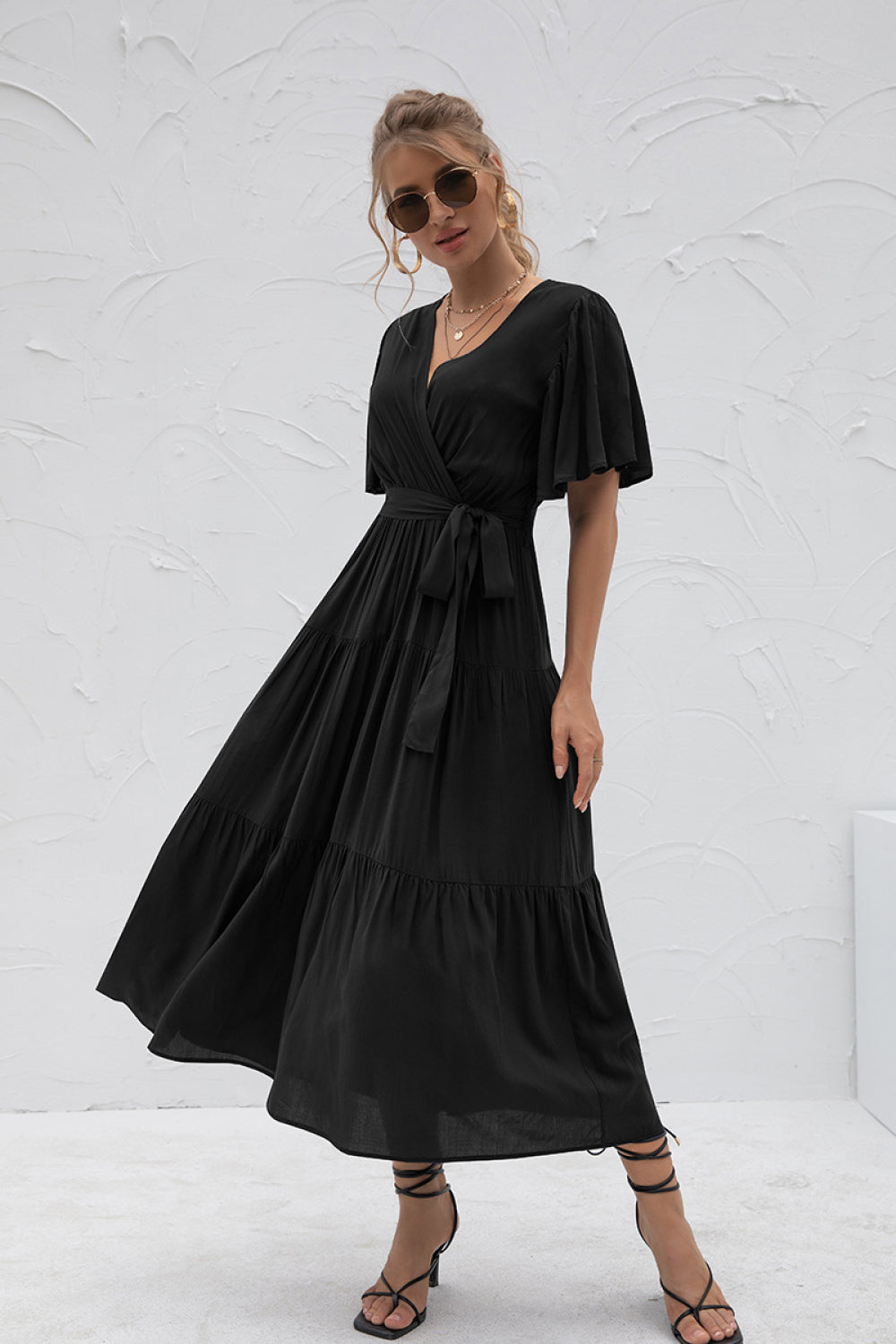 Flutter Sleeve Wrap Front Tie Dress - Absolute Fashion 2020
