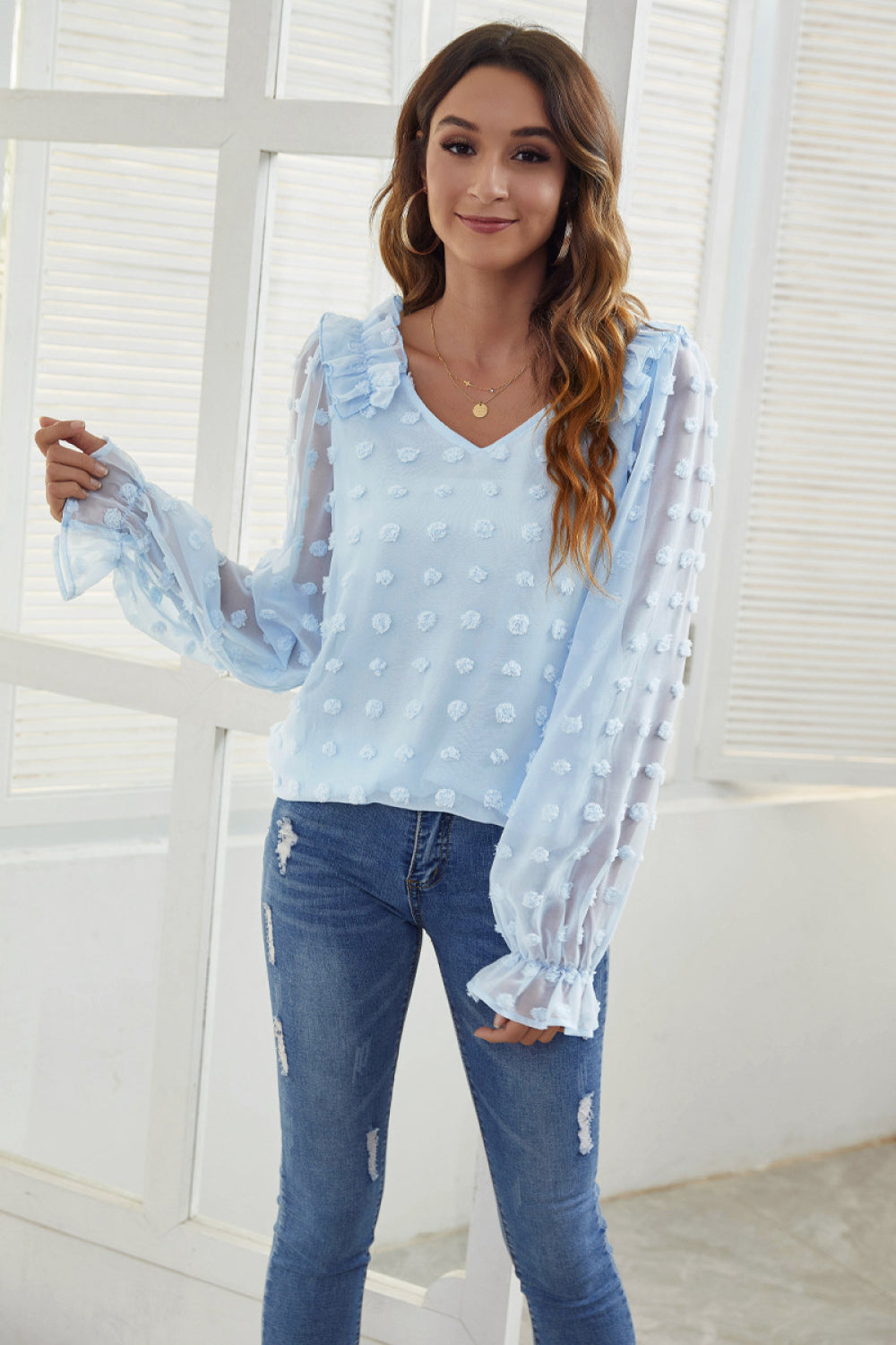 Swiss Dot V-Neck Ruffle Trim Blouse