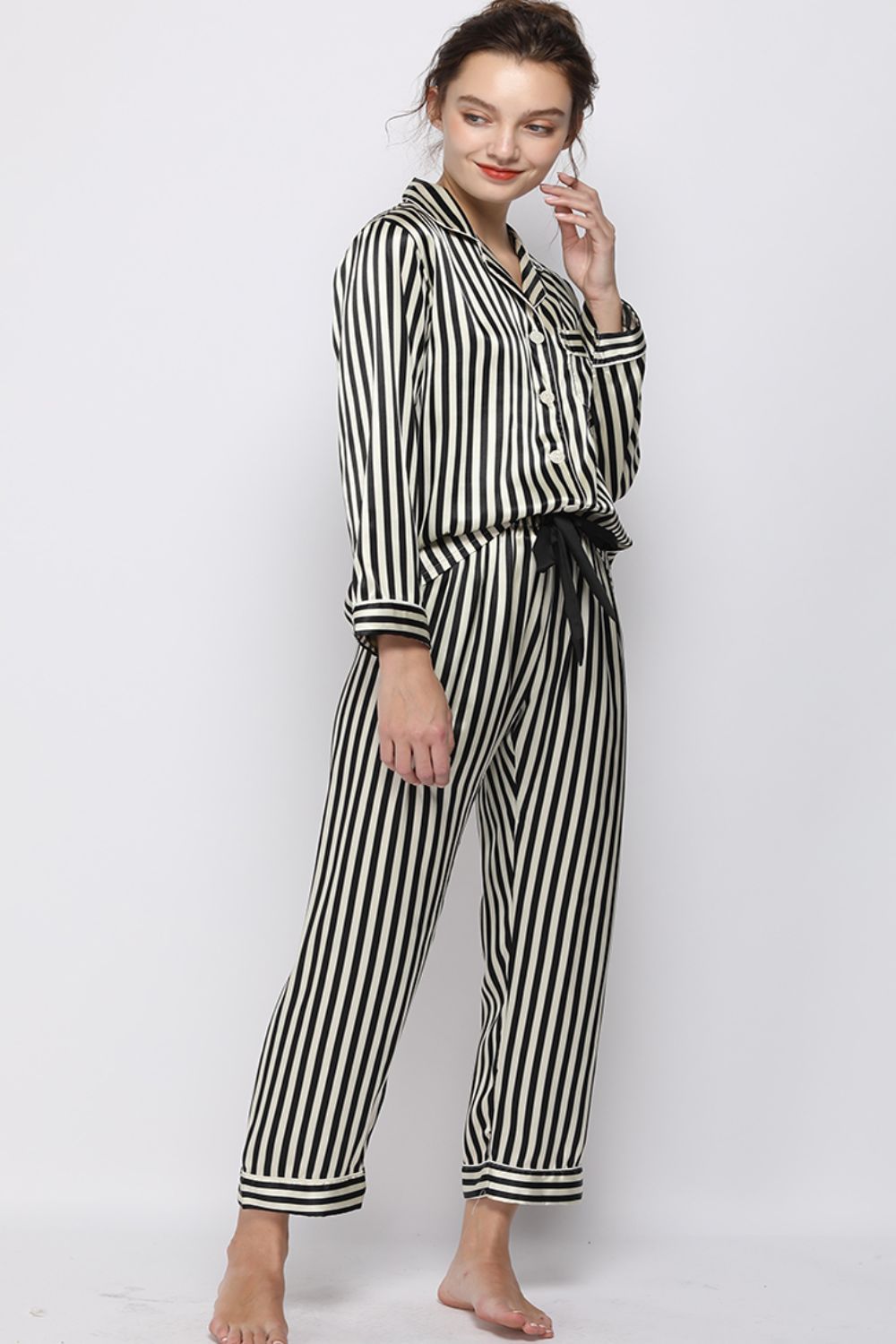 Satin Button-Up Lapel Collar Top and Pants Pajama Set