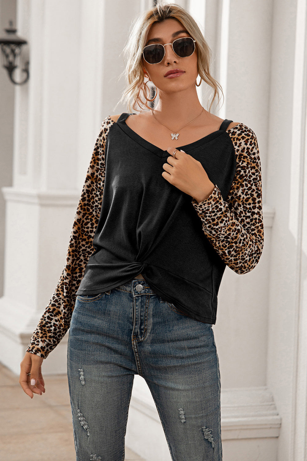 Contrast Leopard Sleeve Twist Front Top - Absolute Fashion 2020