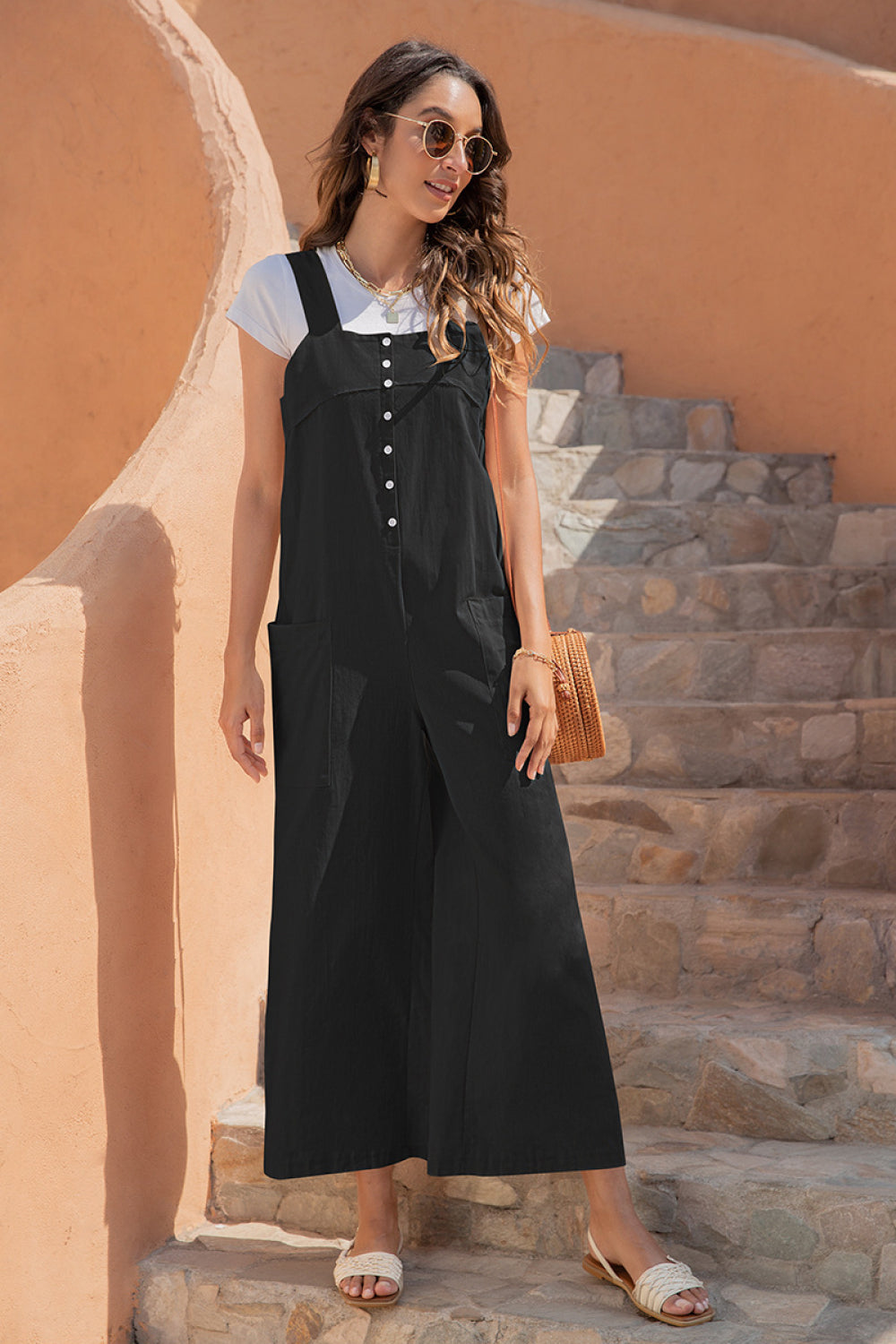 Button Up Pocketed Wide Leg Jumpsuit - Absolute Fashion 2020