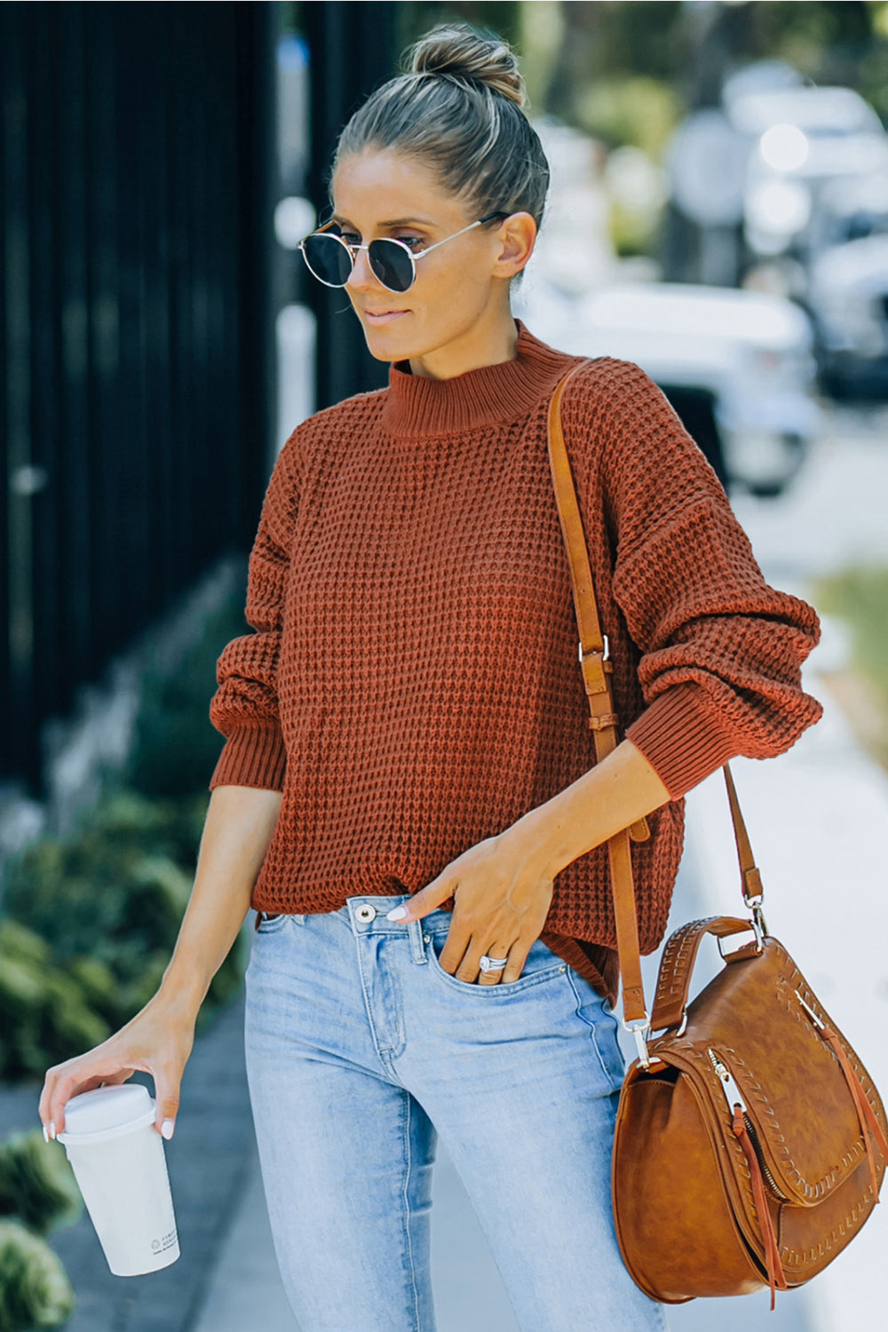 Ribbed Detail Mock Neck Waffle Sweater - Absolute Fashion 2020