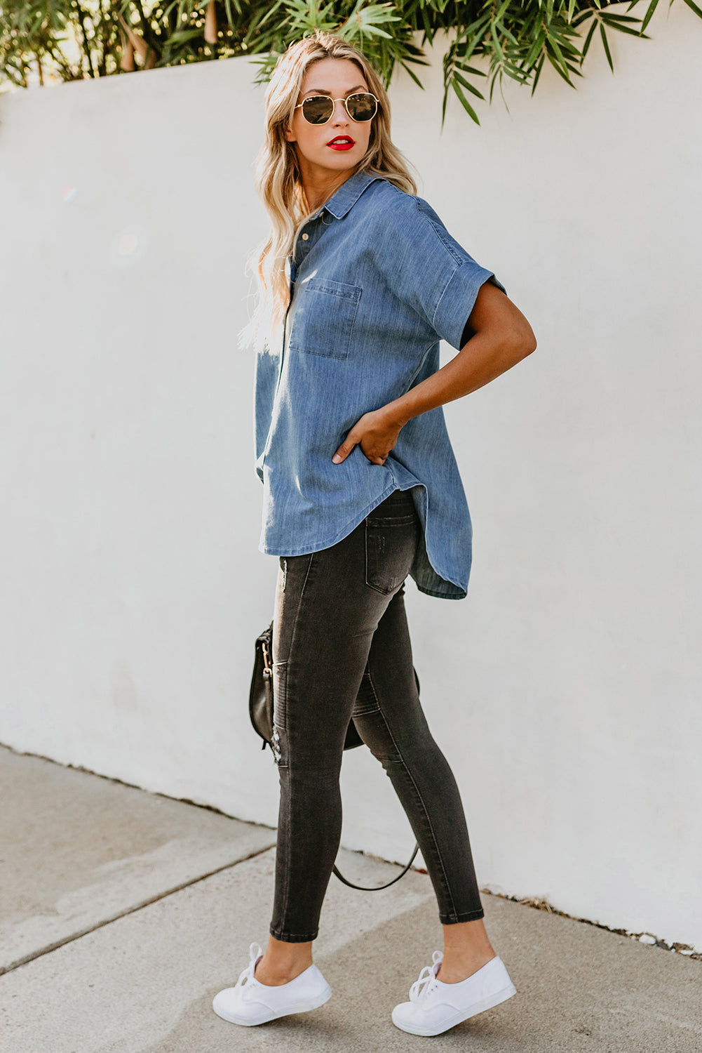 Collar Short Sleeve Denim Shirt - Absolute Fashion 2020