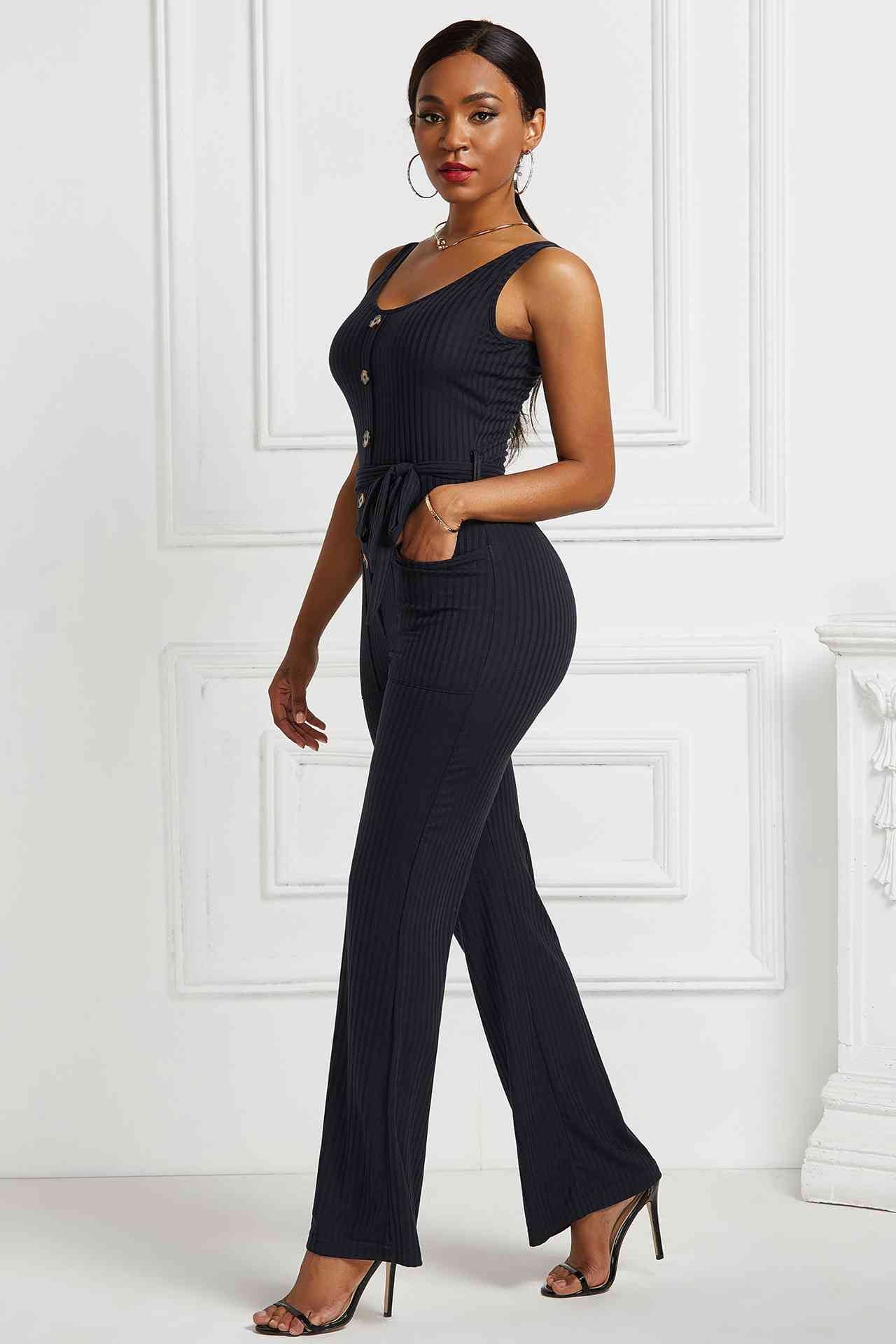 Button Detail Tie Waist Jumpsuit with Pockets - Absolute Fashion 2020