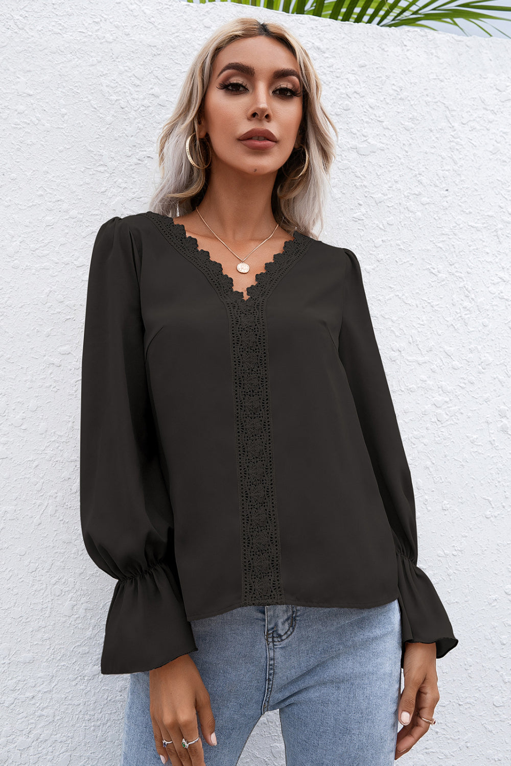 Lace Trim Flounce Sleeve Blouse - Absolute Fashion 2020
