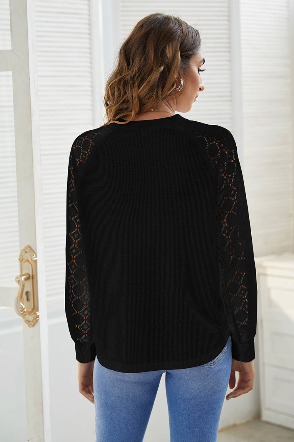 Lace Sleeve Waffle Checks Top - Absolute Fashion 2020