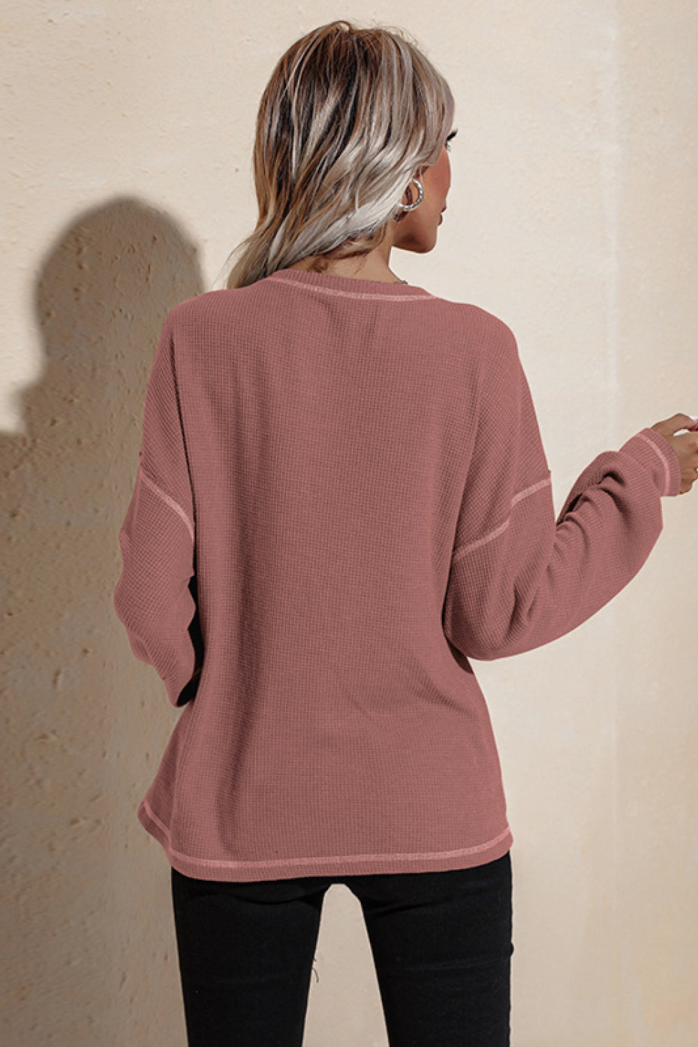 Contrast binding Drop Shoulder Waffle Top