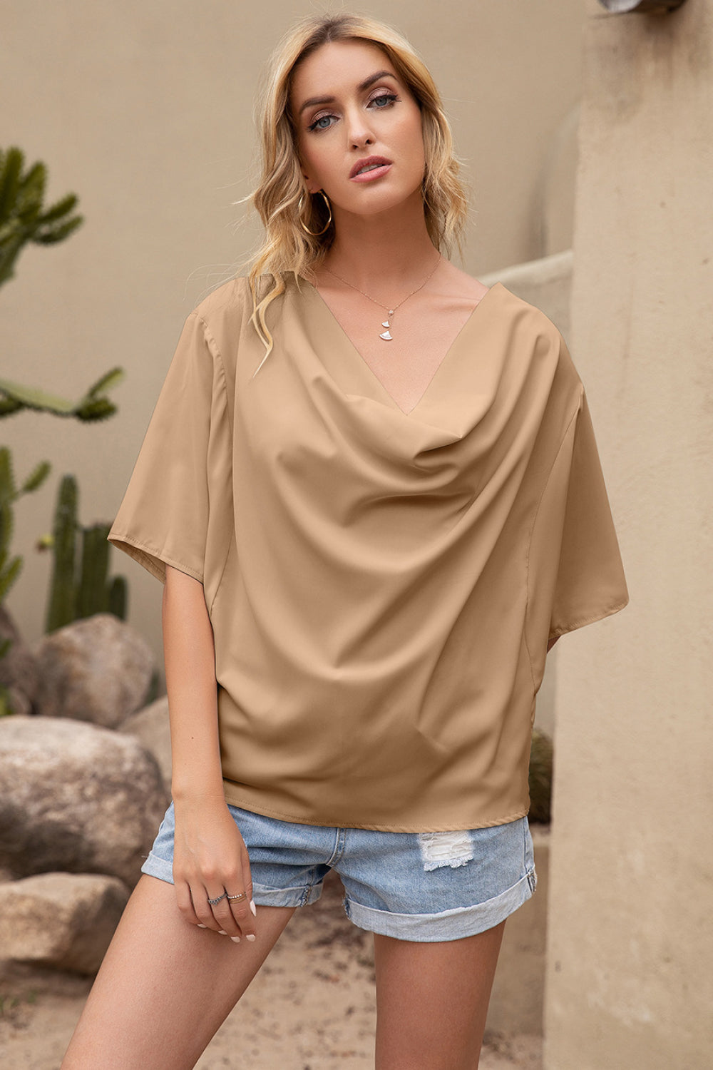 Draped Neck Bating Sleeve Top - Absolute Fashion 2020