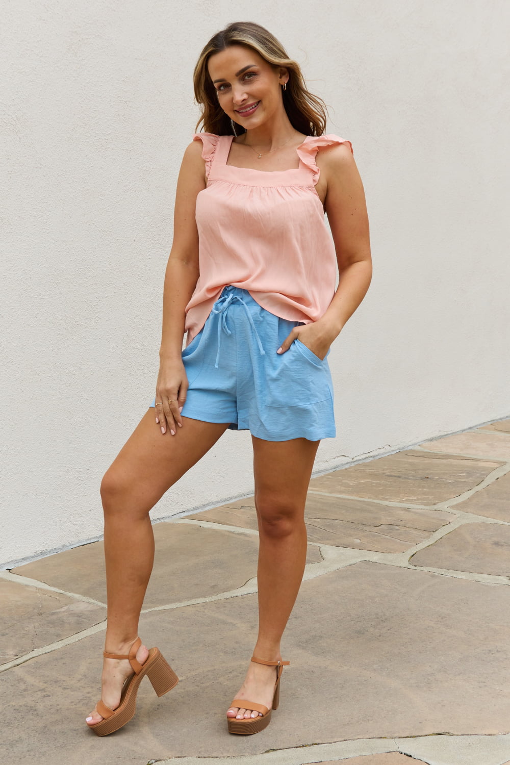 Be Stage Full Size Woven Top in Peach