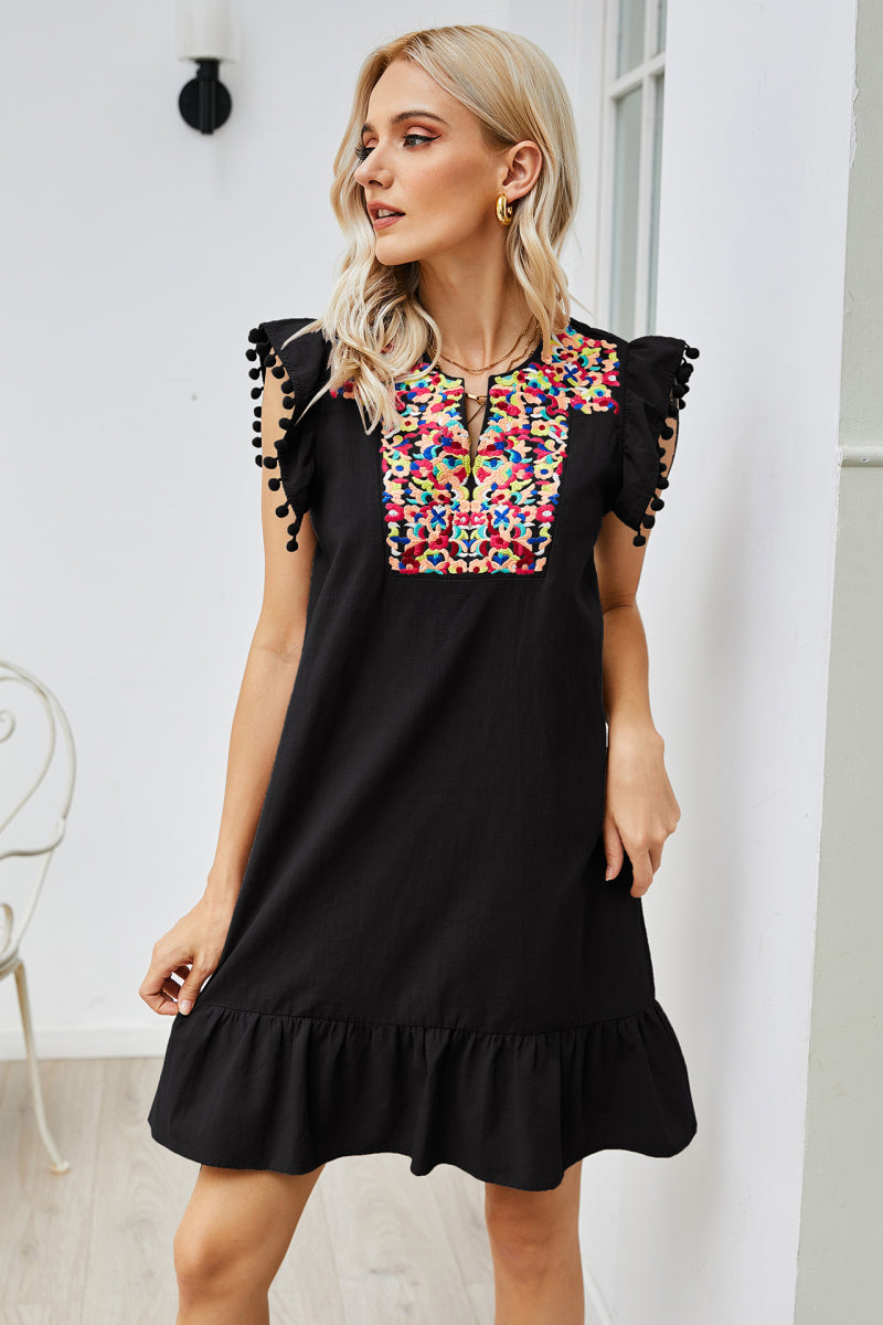 Graphic Embroidered Ruffle Hem Dress - Absolute Fashion 2020