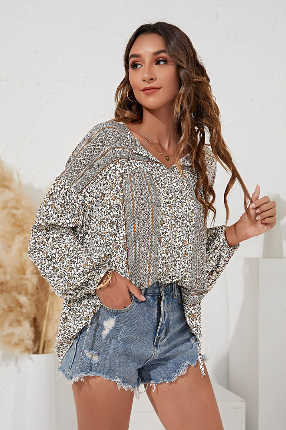 Floral Balloon Sleeve Tie-Neck Top - Absolute Fashion 2020