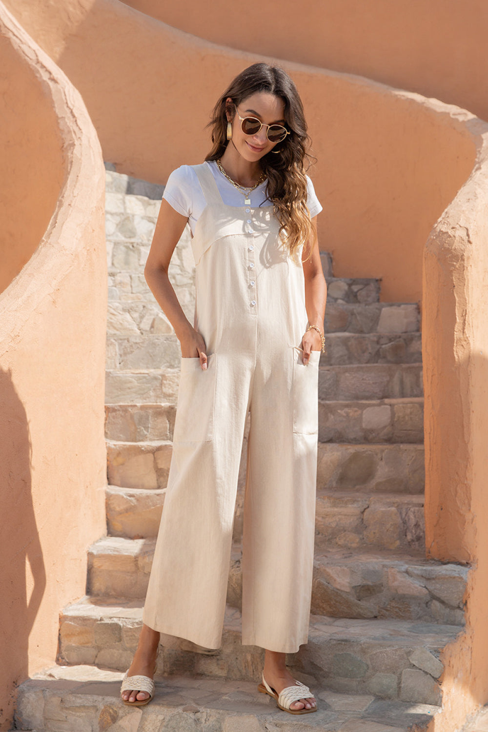 Button Up Pocketed Wide Leg Jumpsuit - Absolute Fashion 2020
