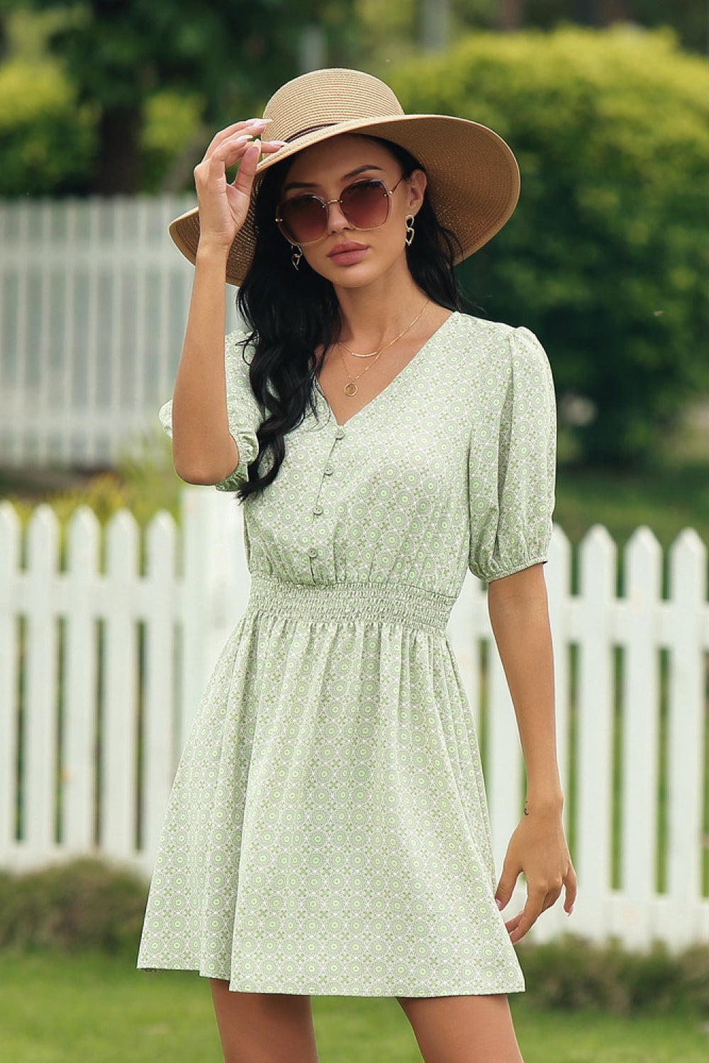 Printed V-neckline Tie Waist Dress