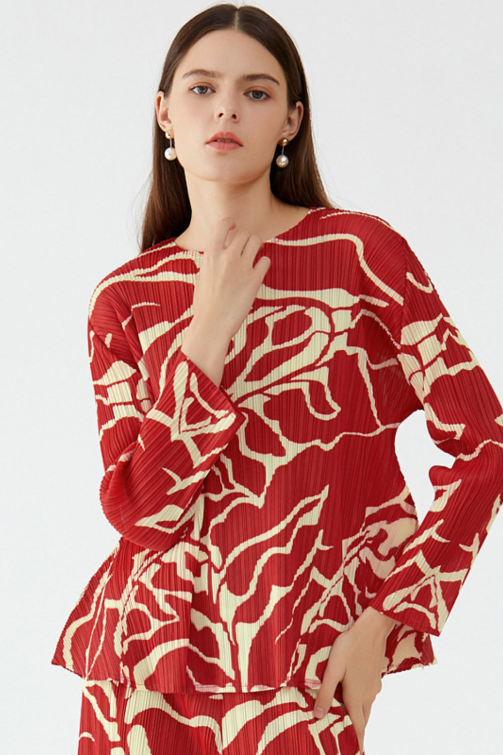Abstract Print Accordion Pleated Top and Wide Leg Pants Set