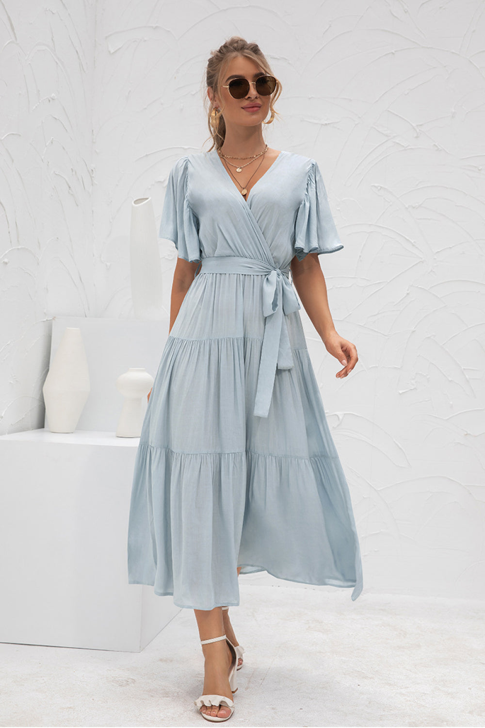 Flutter Sleeve Wrap Front Tie Dress - Absolute Fashion 2020