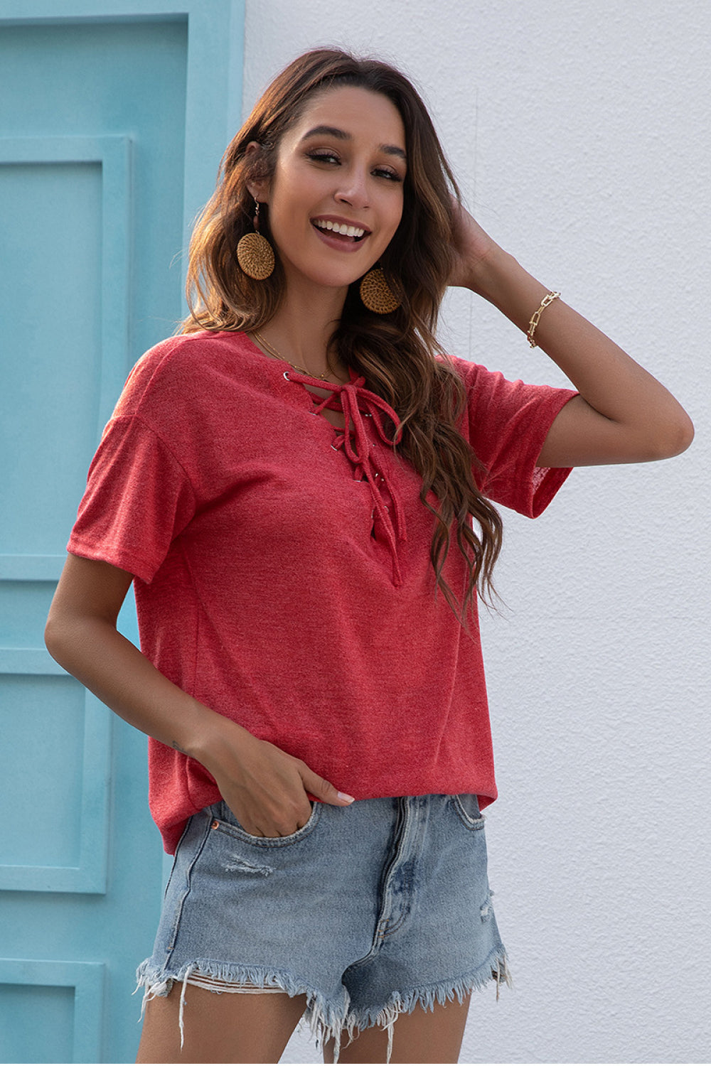 Short Sleeve Lace Up Front Top - Absolute Fashion 2020