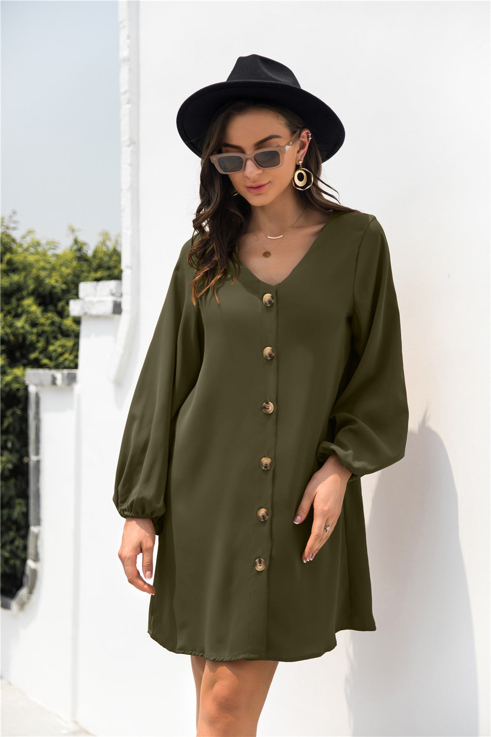 V Neck Button Through Smock Dress - Absolute Fashion 2020
