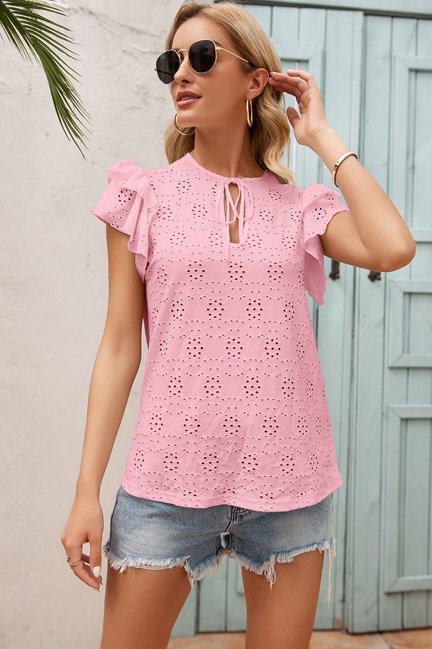 Eyelet Embroidery Tie-Neck Top - Absolute Fashion 2020