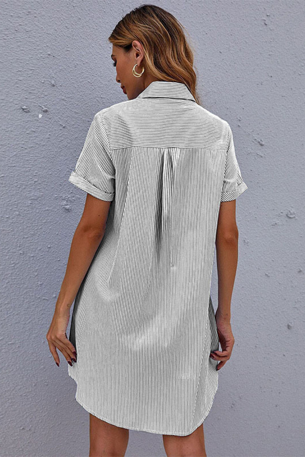 Striped Button Front Mini Shirt Dress(Belt Not Included)