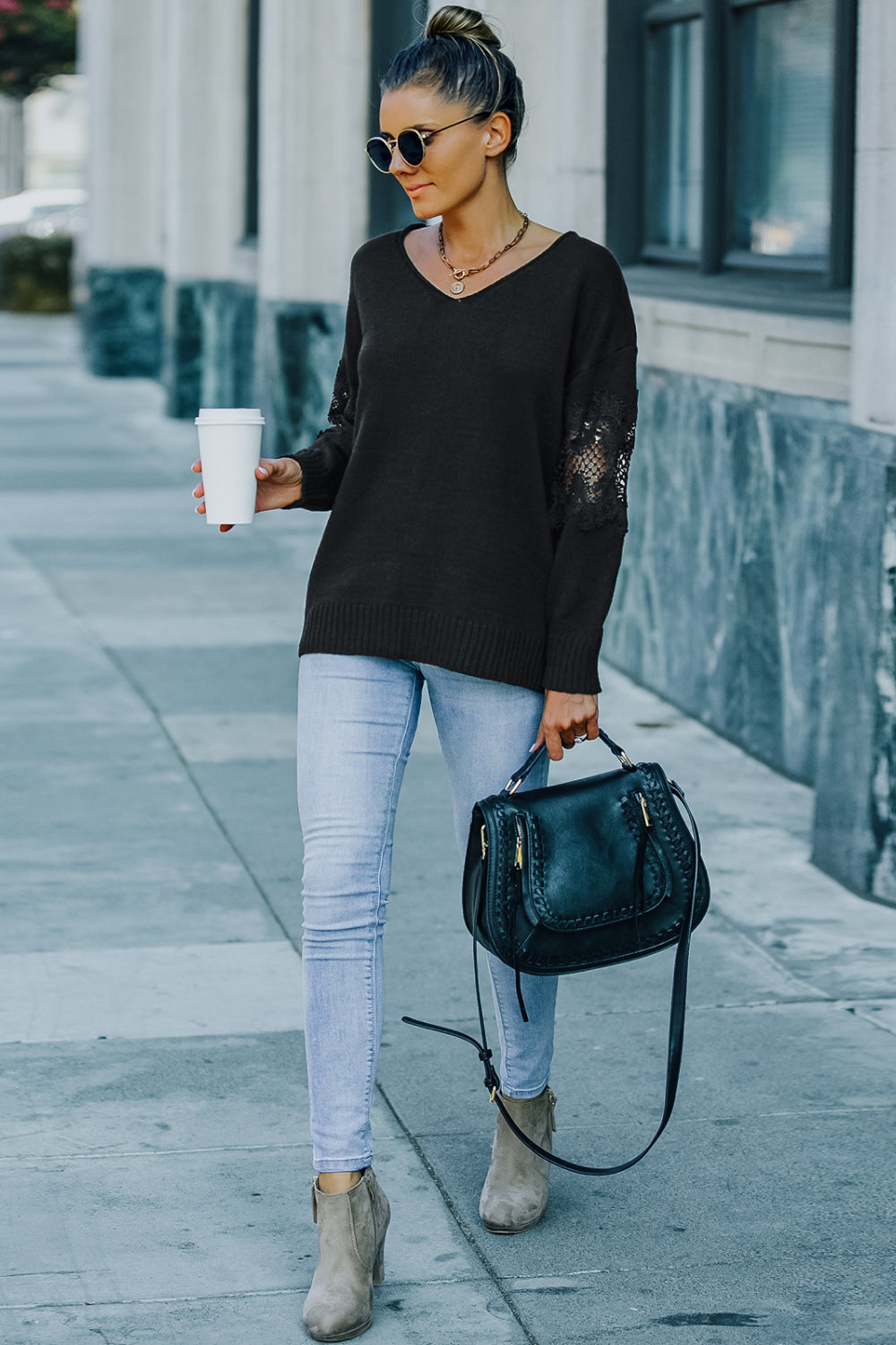 Lace Up Sleeve Drop Shoulder Sweater