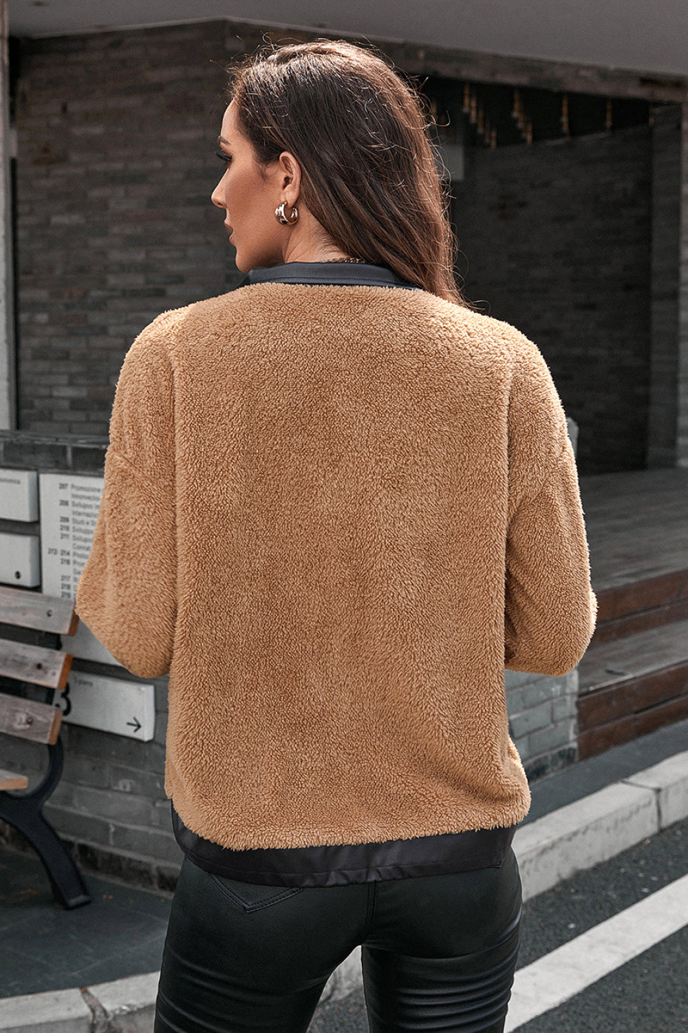 Faux Leather Collar Zipper Teddy Jacket - Absolute Fashion 2020