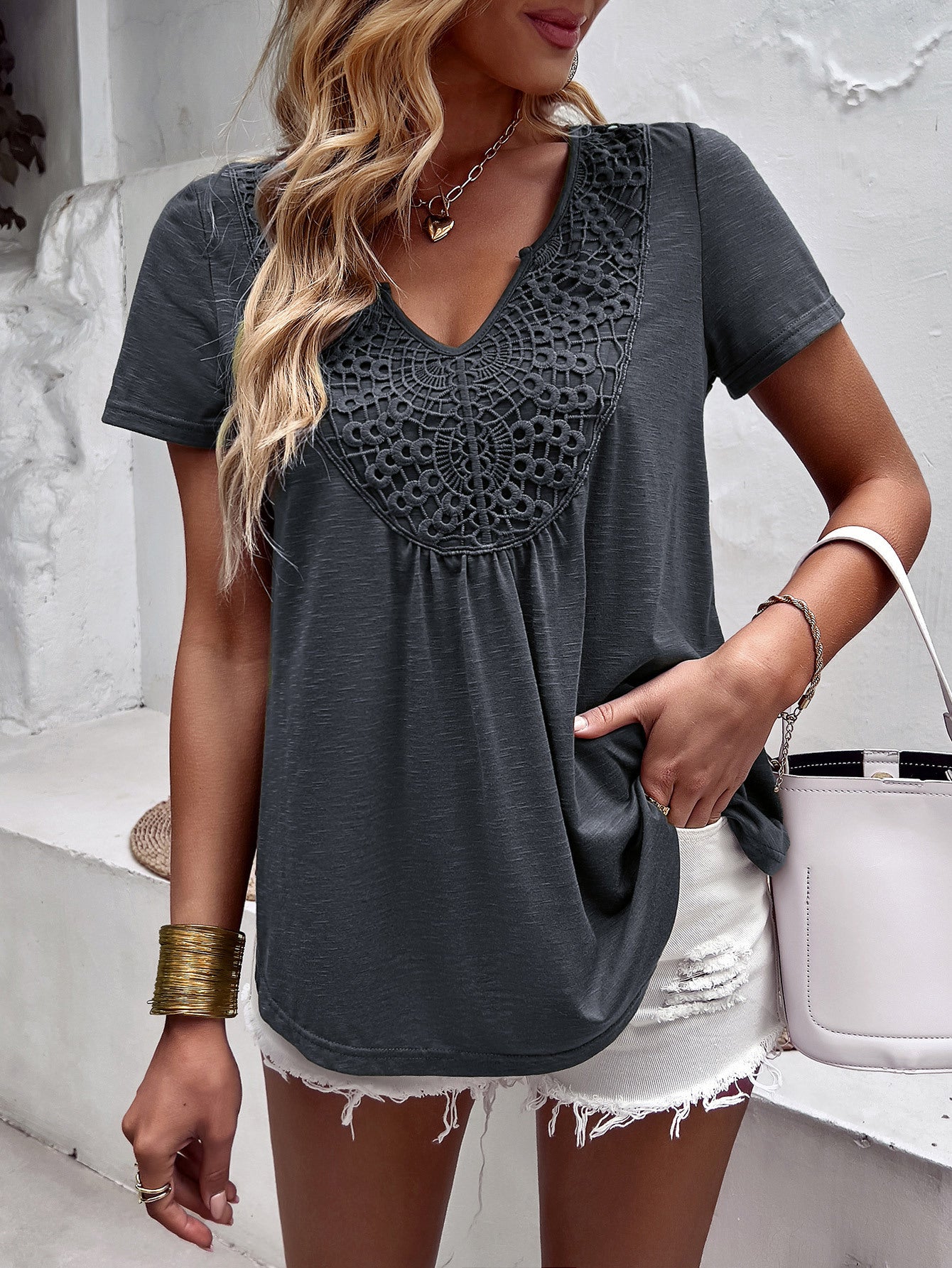 Crochet Short Sleeve Plunge T-Shirt