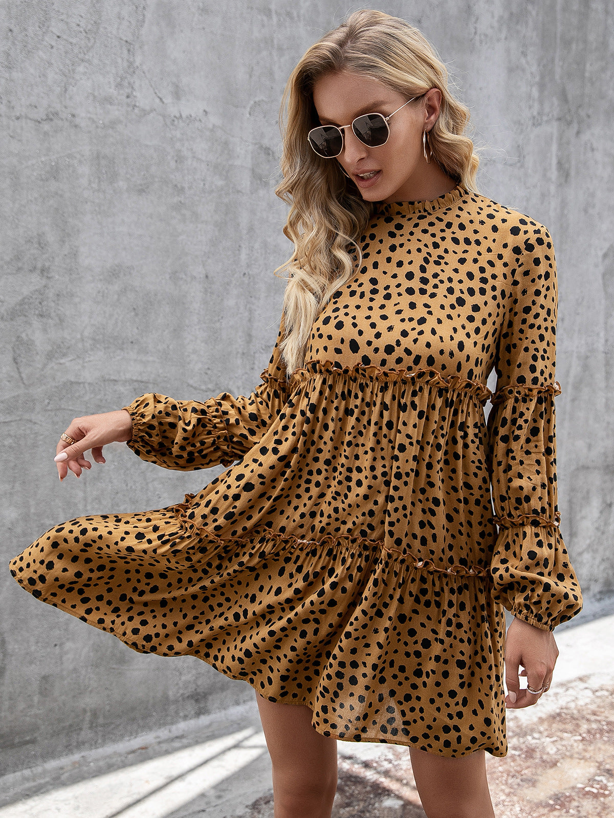 Animal Print Ruffled Bell Sleeve Dress - Absolute Fashion 2020