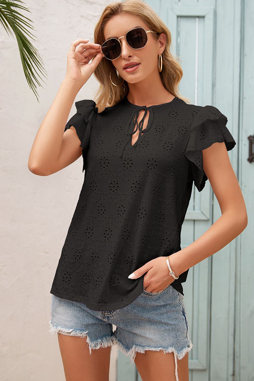 Eyelet Embroidery Tie-Neck Top - Absolute Fashion 2020