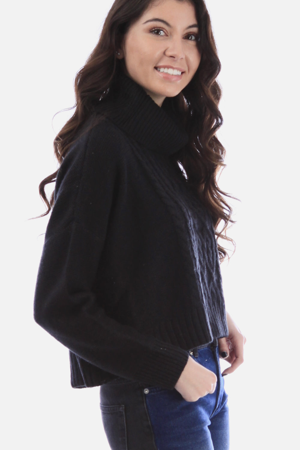 Solid Cable Trim Crop Sweater