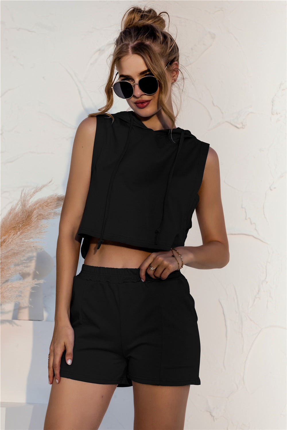 Hooded Crop Top & Pocketed Shorts Set - Absolute Fashion 2020