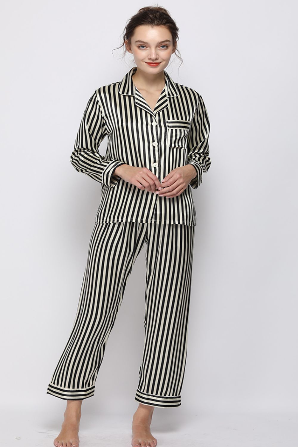 Satin Button-Up Lapel Collar Top and Pants Pajama Set