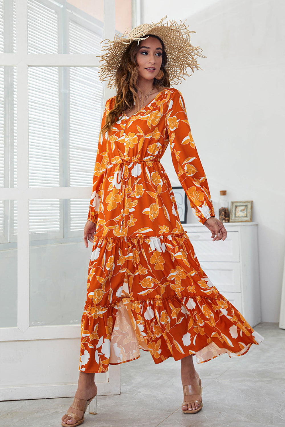Floral Slit Hem Tiered Midi Dress