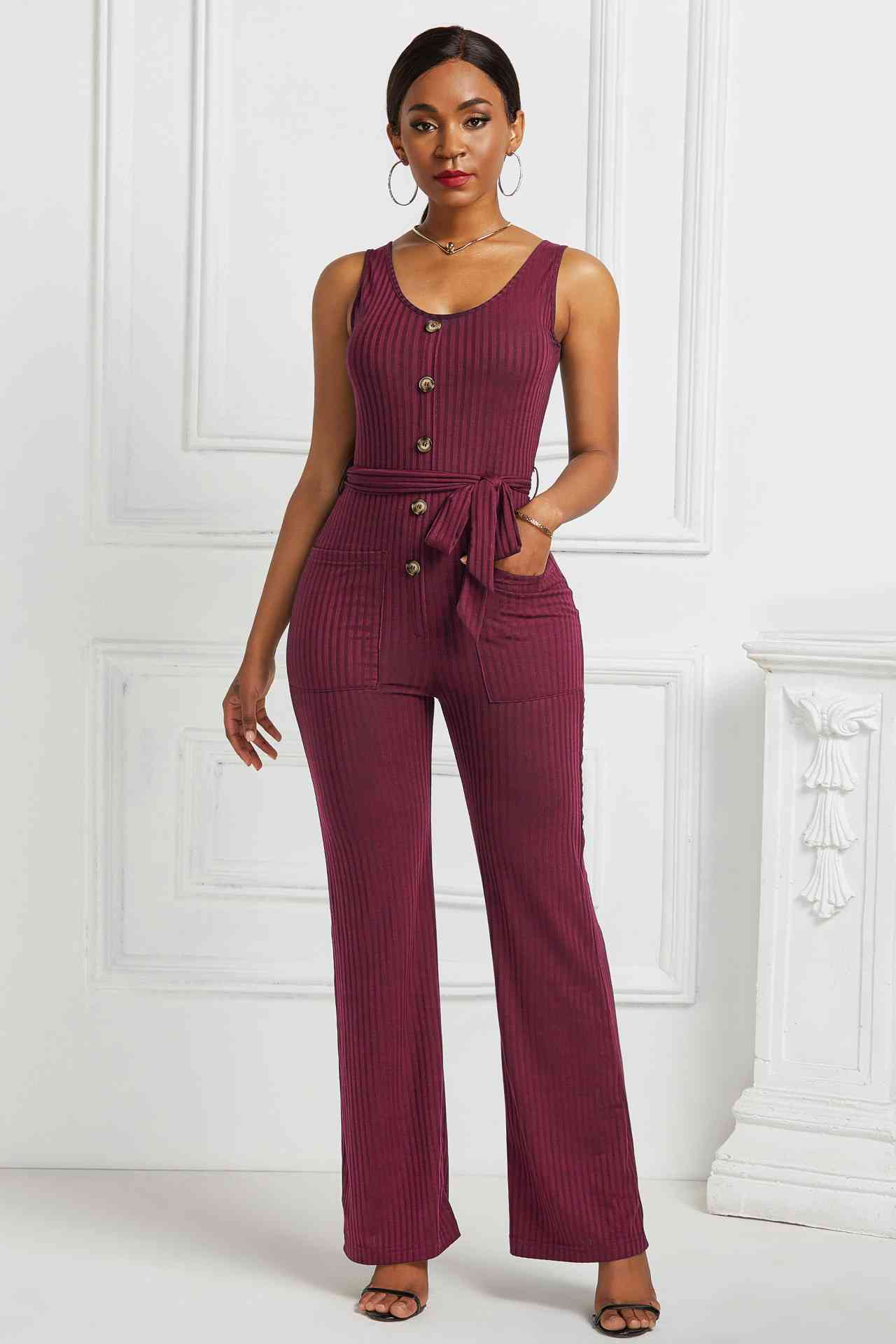 Button Detail Tie Waist Jumpsuit with Pockets - Absolute Fashion 2020