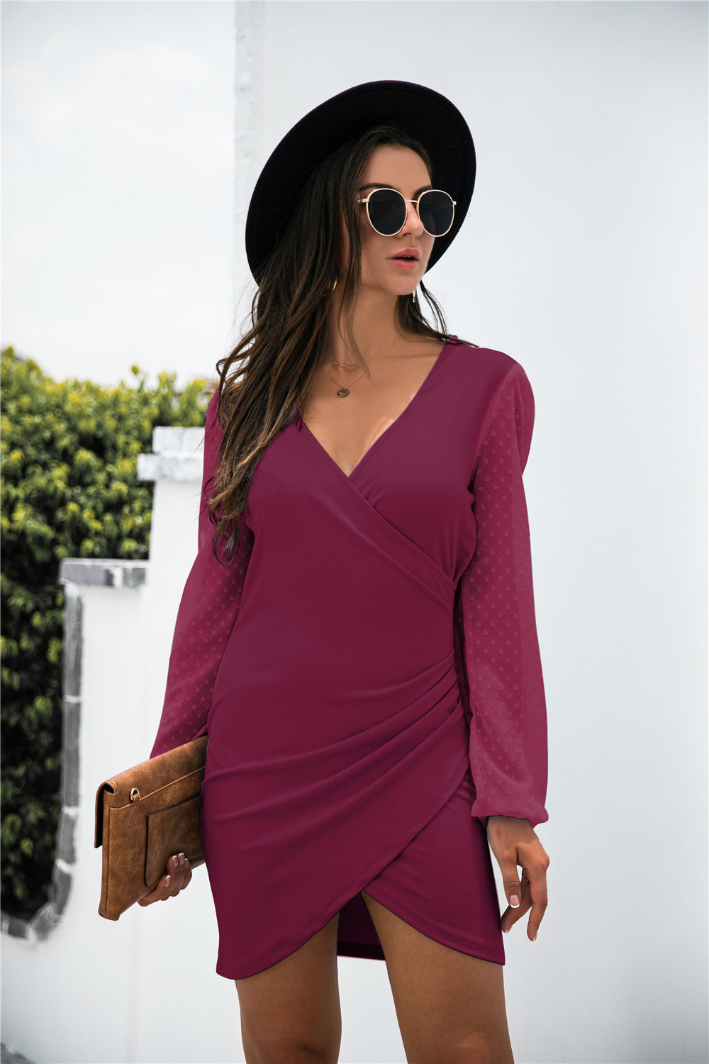 Contrast Mesh Sleeve Wrap Front Dress - Absolute Fashion 2020