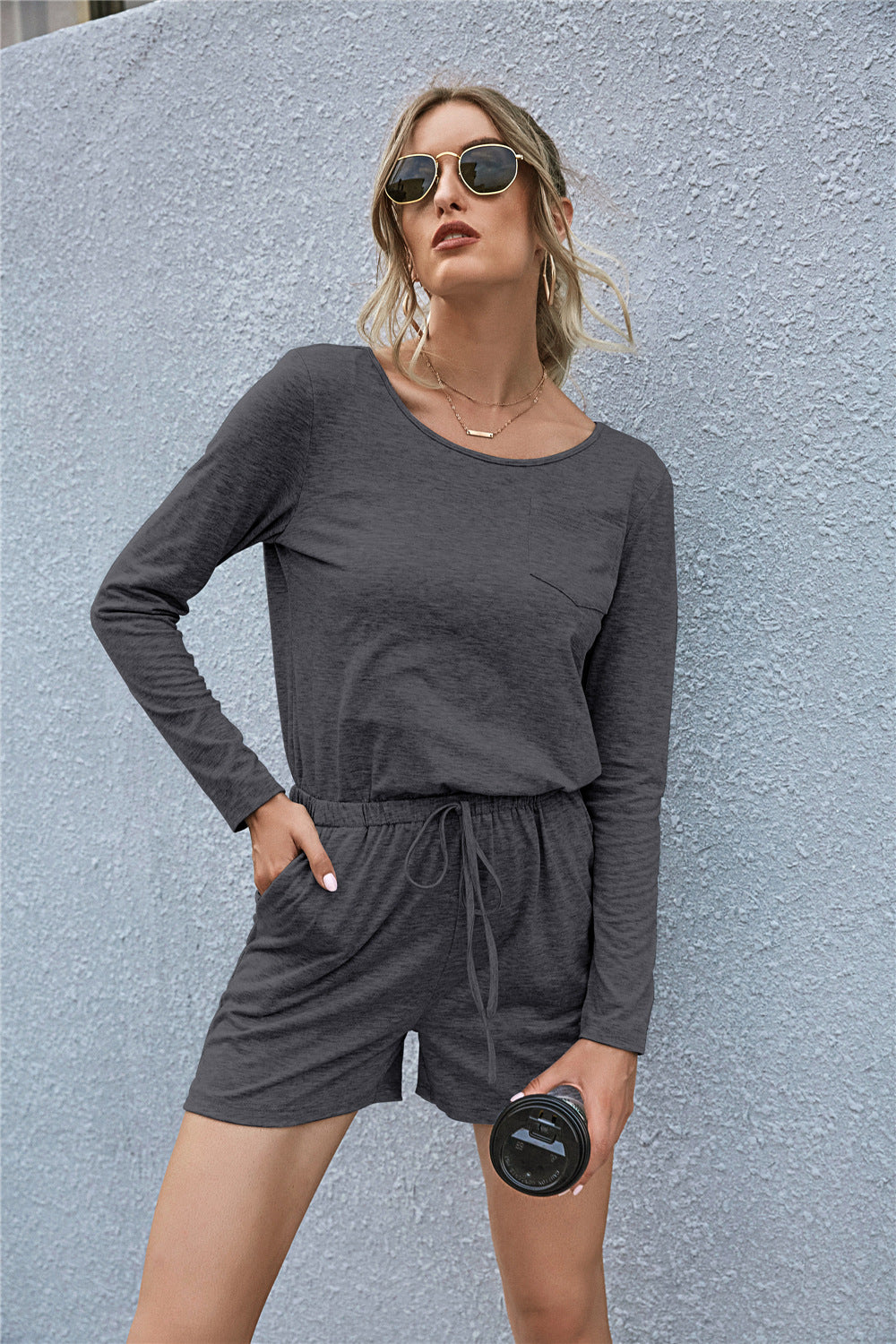 Round Neck Drawstrings Rompers - Absolute Fashion 2020