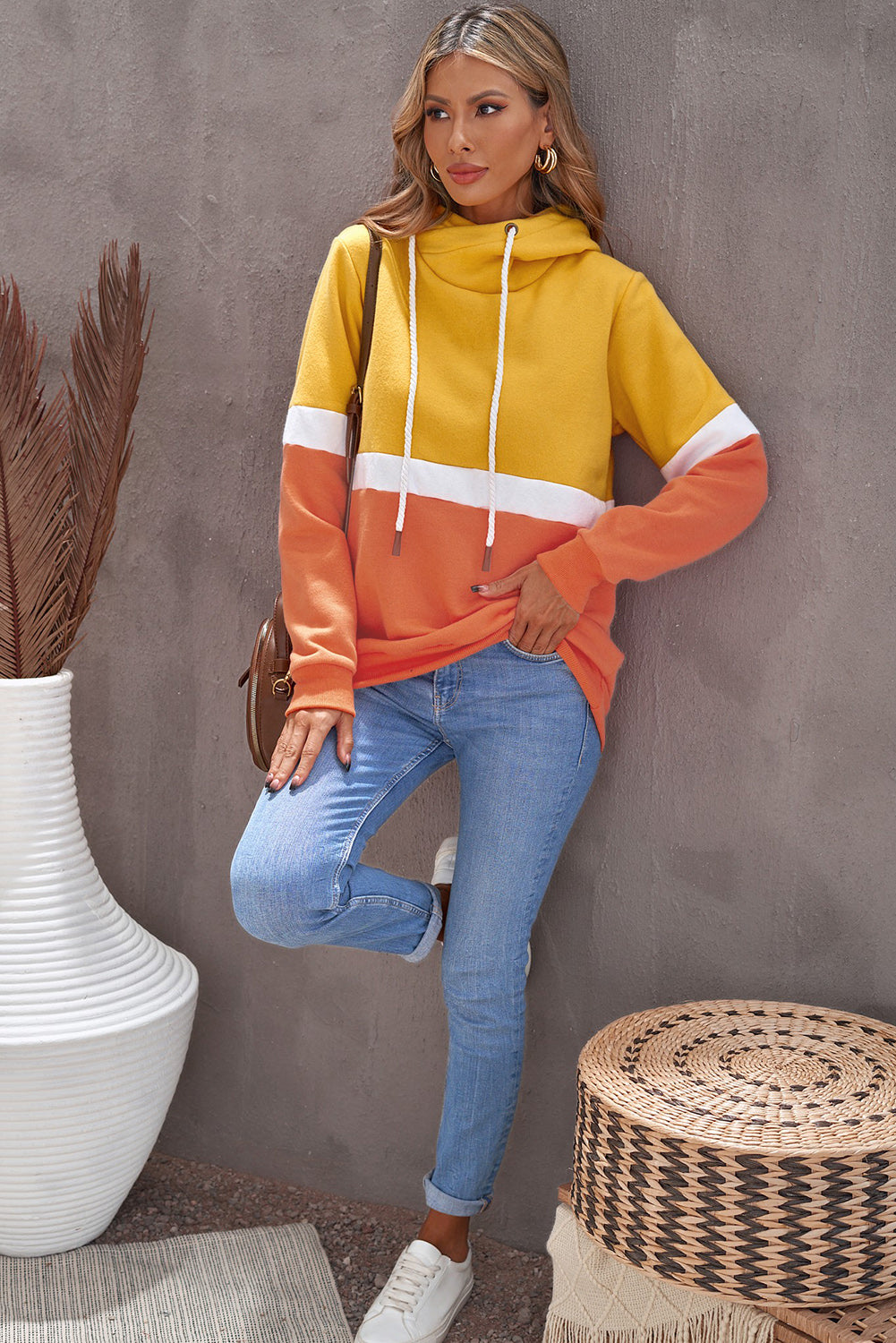 Color Block Cowl Neck Drawstring Hoodie - Absolute Fashion 2020