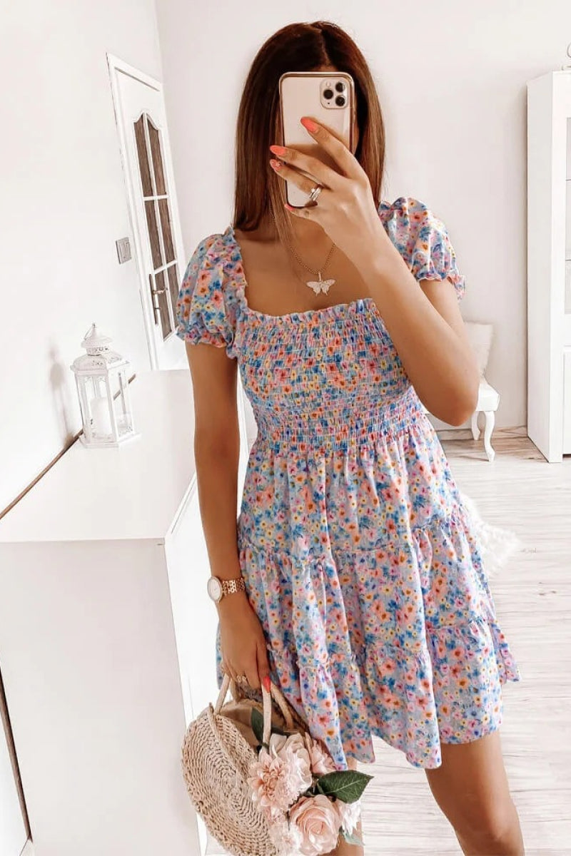 Square Neck Shirred Ruffle Hem Mini Dress - Absolute Fashion 2020